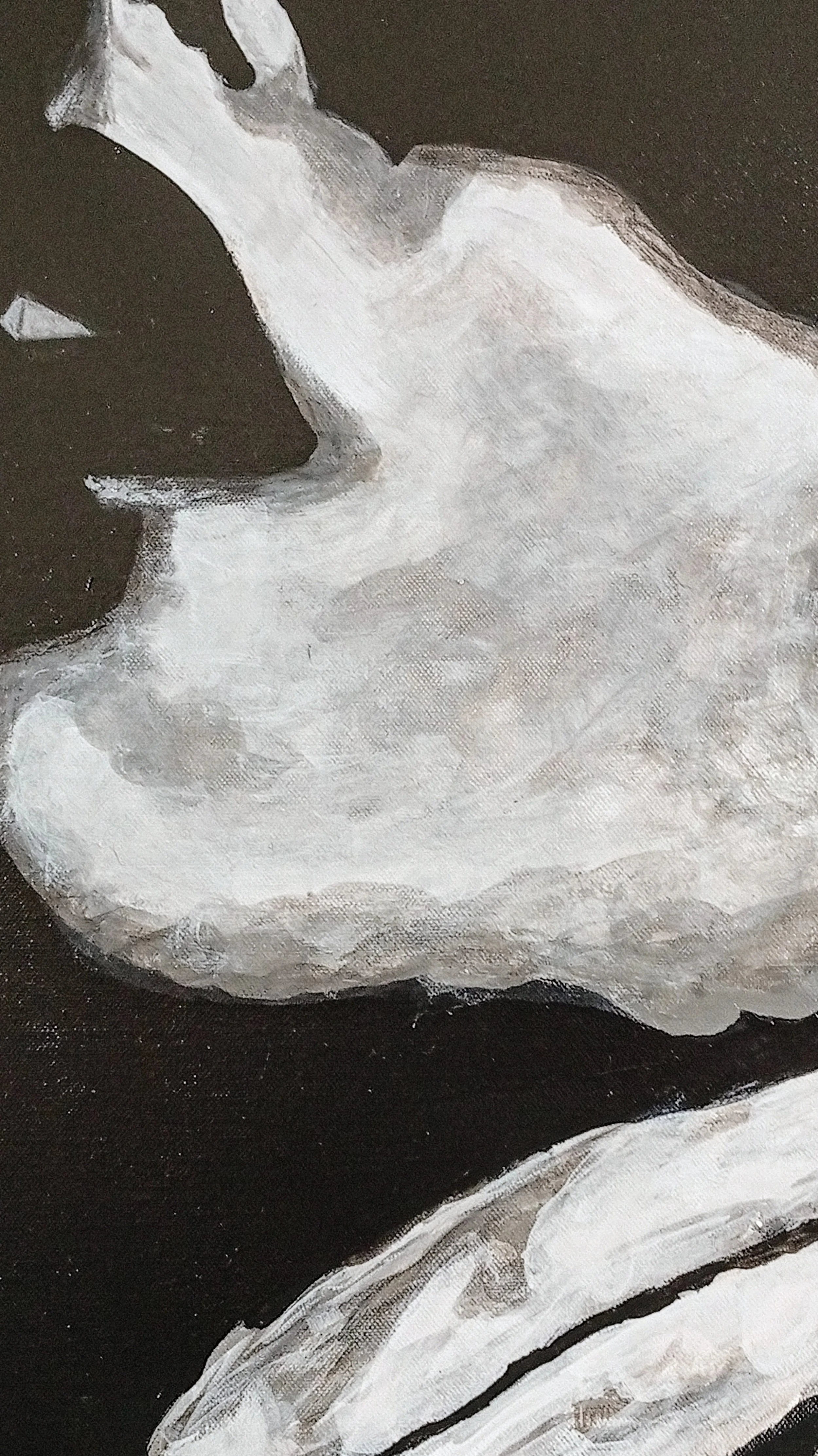 Close-up of face and hand in the painting “Oh! You'r So Mine Now!!!”, brush-painted acrylic on canvas, 80×50×4 cm, July 2023, HMad Artworks.