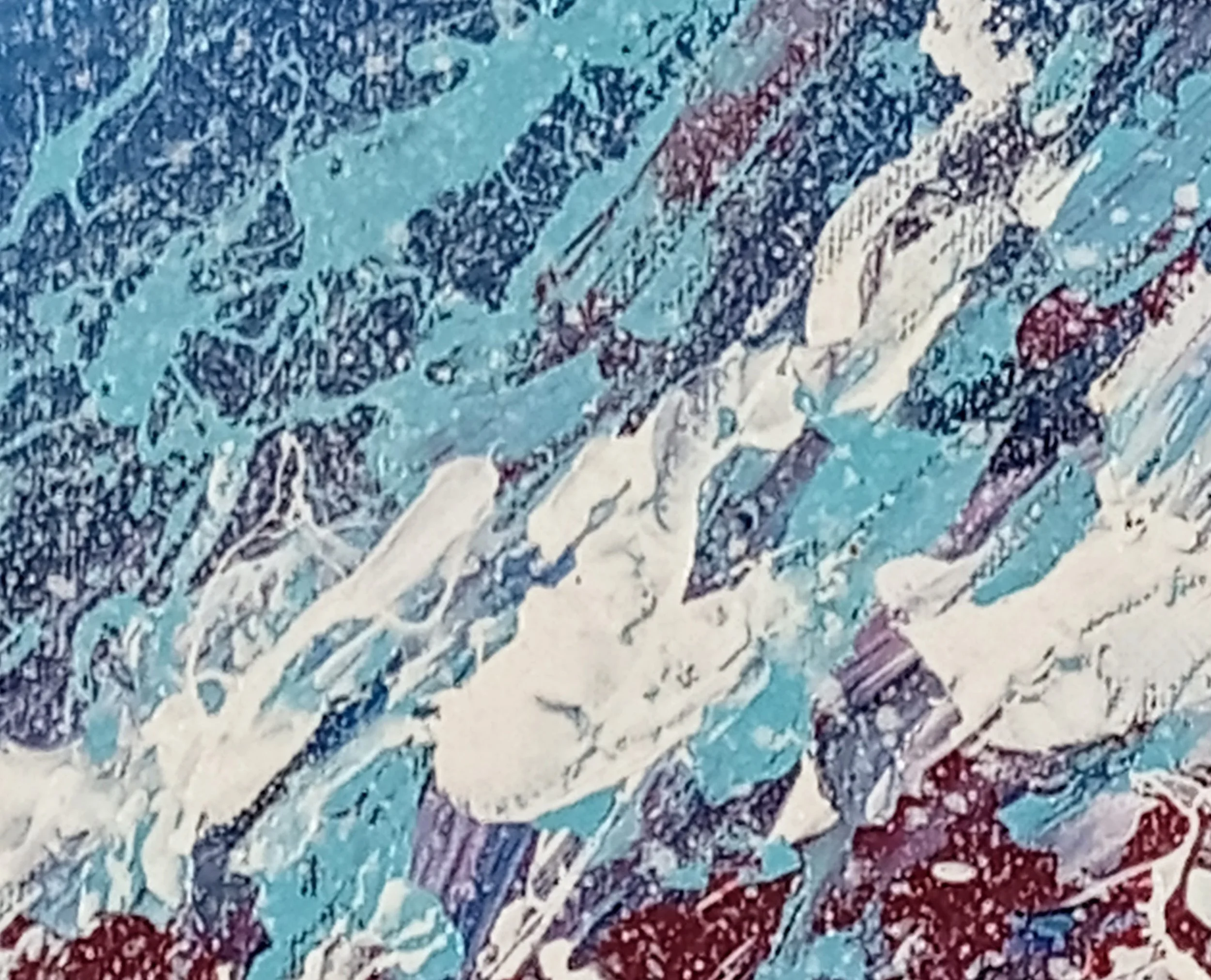 Detalhe da pintura “Changing Moods” em técnica mista sobre tela, tons de azul, branco e vermelho, textura fluida, close-up, 24×30×1 cm, abril de 2020, HMad Artworks.