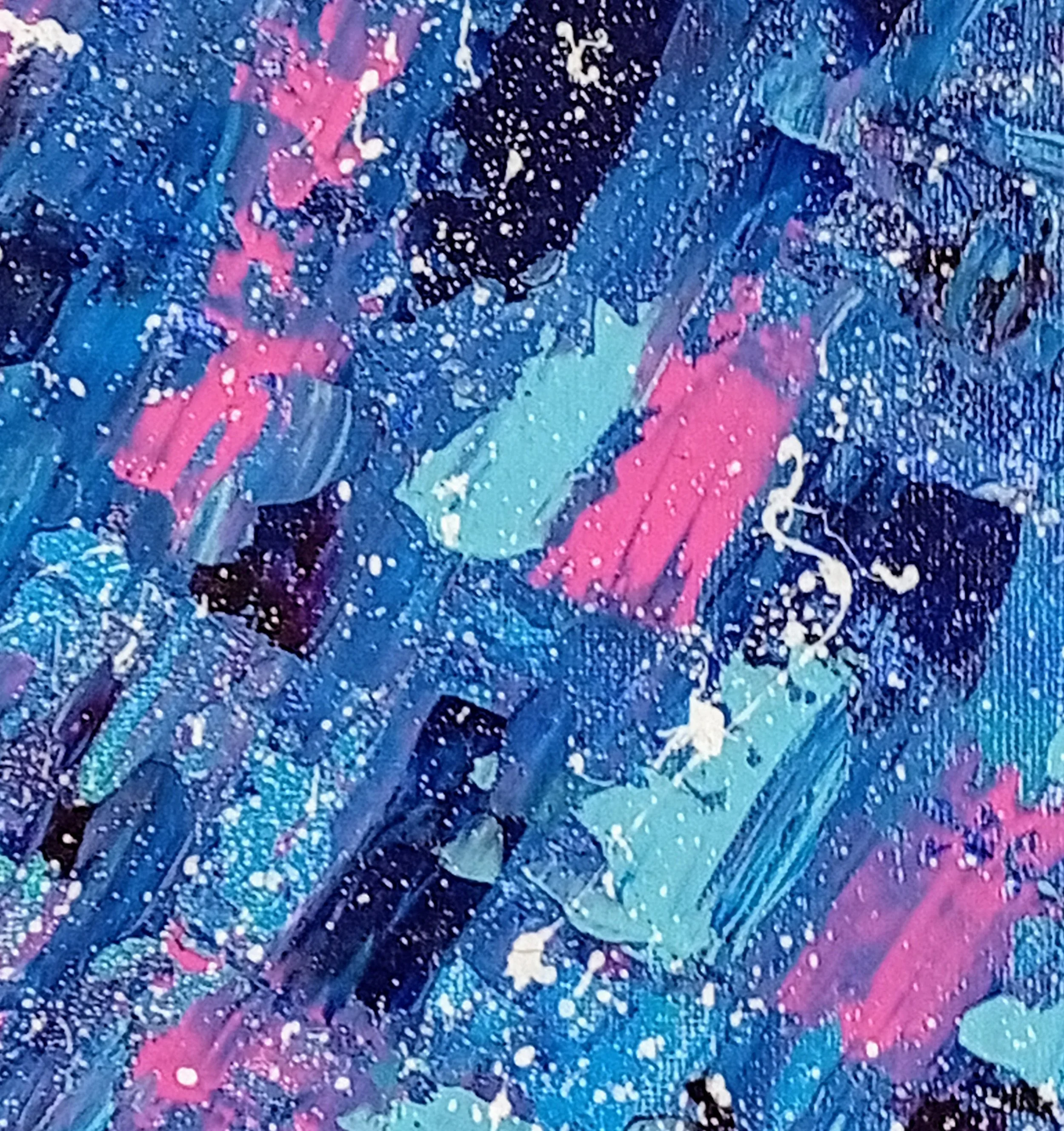 Detail of “Fooling Around” painting, acrylic on canvas, palette knife, blue, violet and pink tones, 24×30 cm, April 2020, HMad Artworks.