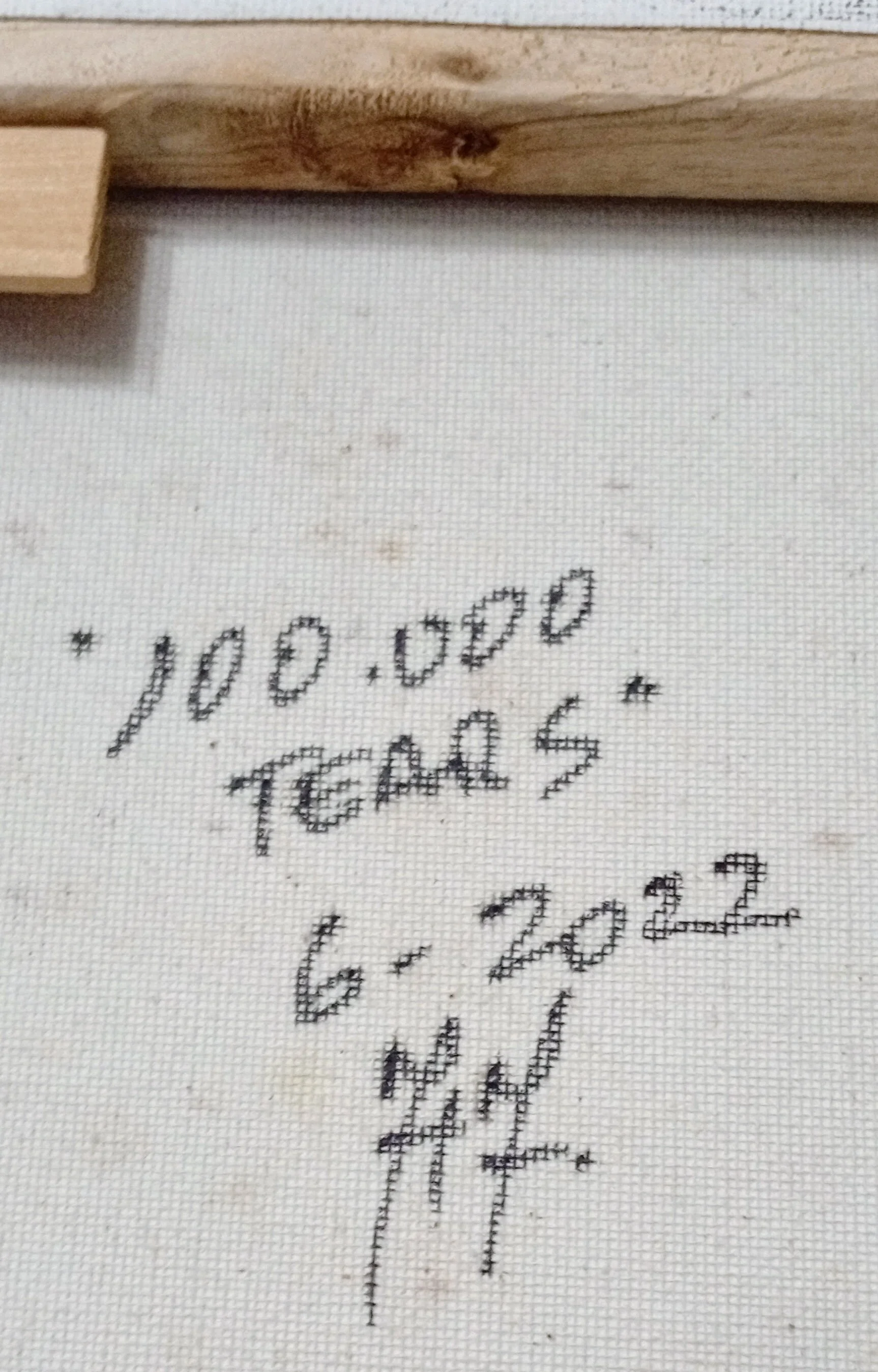 Back of “100 000 Tears” acrylic painting on canvas, with handwritten title, date “06/2022” and signature, HMad Artworks.
