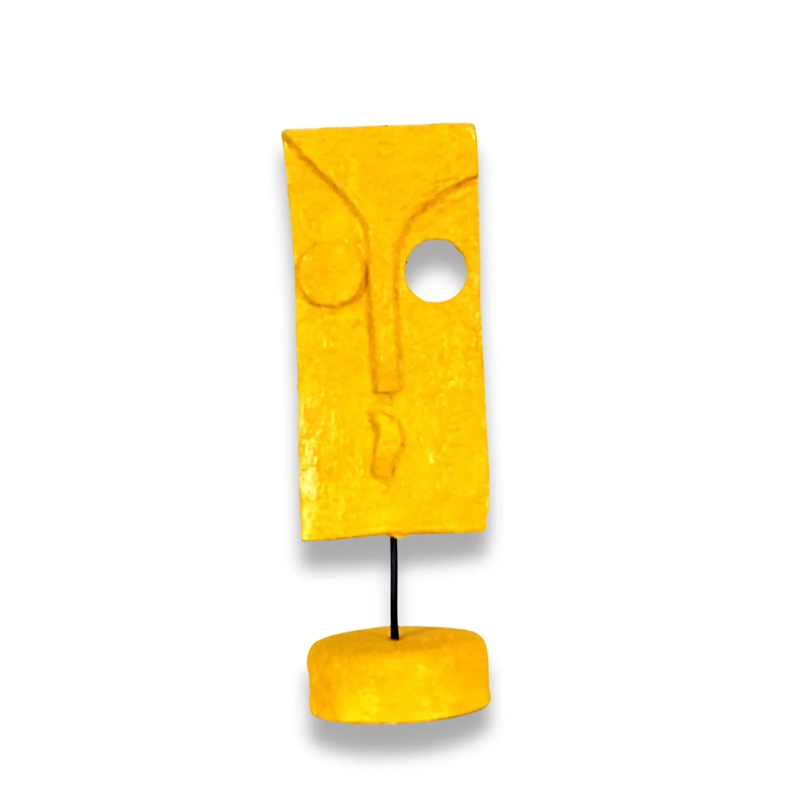 Yellow minimalist figurative abstract sculpture in acrylic paste and iron rod, vibrant yellow finish