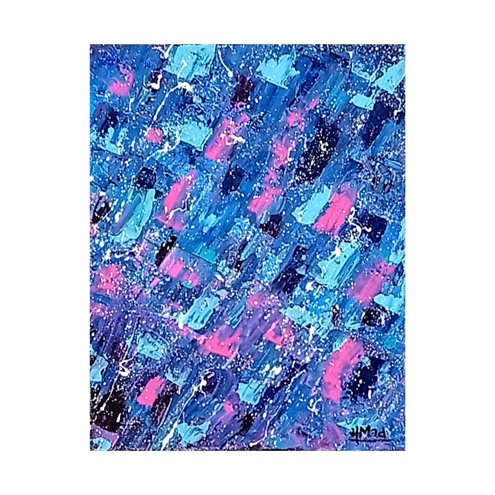 “Fooling Around” painting, acrylic on canvas, palette knife, blue, violet and pink tones, 24×30 cm, 199 g, April 2020, HMad Artworks.