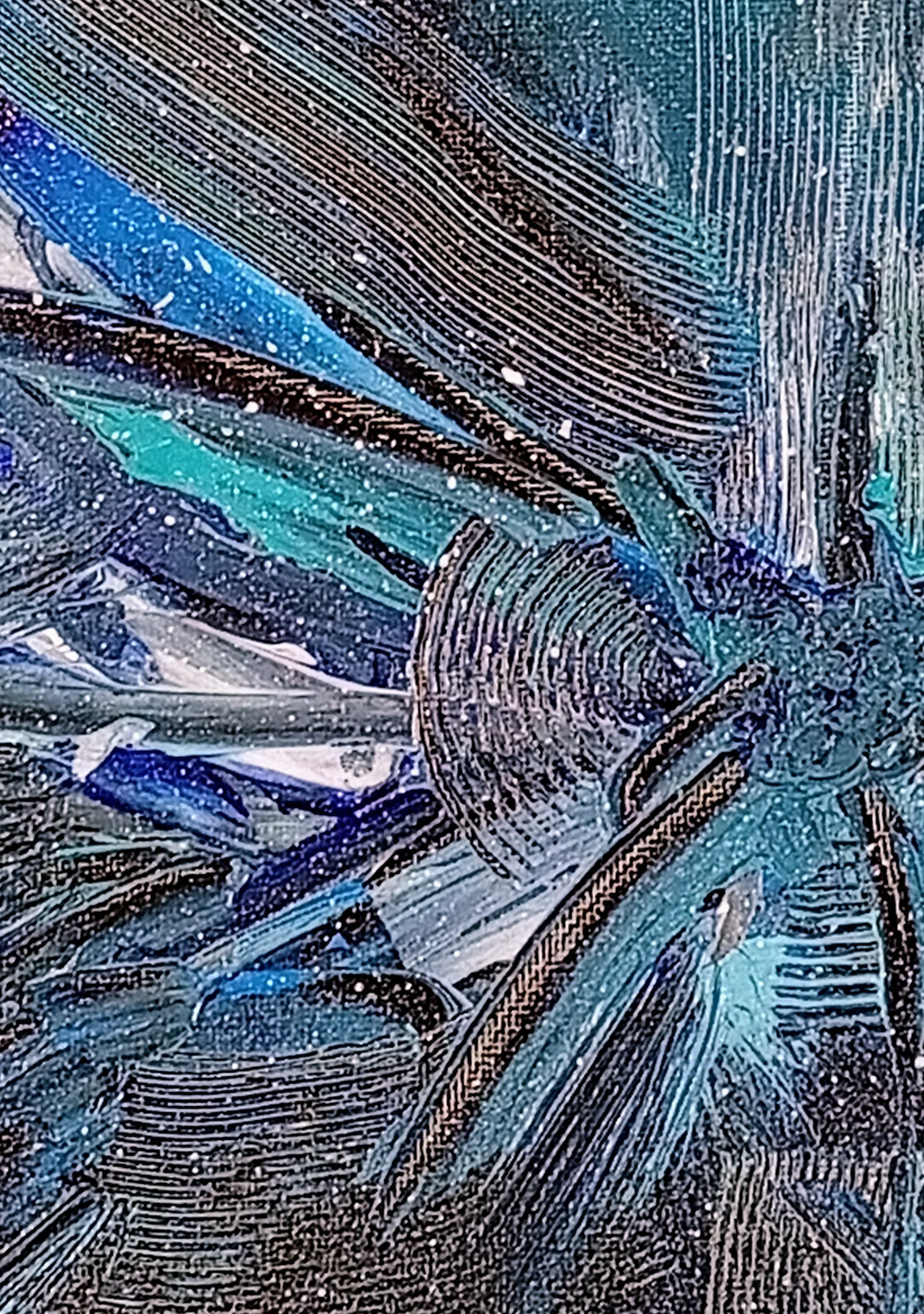 Close-up of the painting Feeling Blue, showing mixed media texture with brushstrokes in blue, turquoise, and white, highlighting depth and movement.