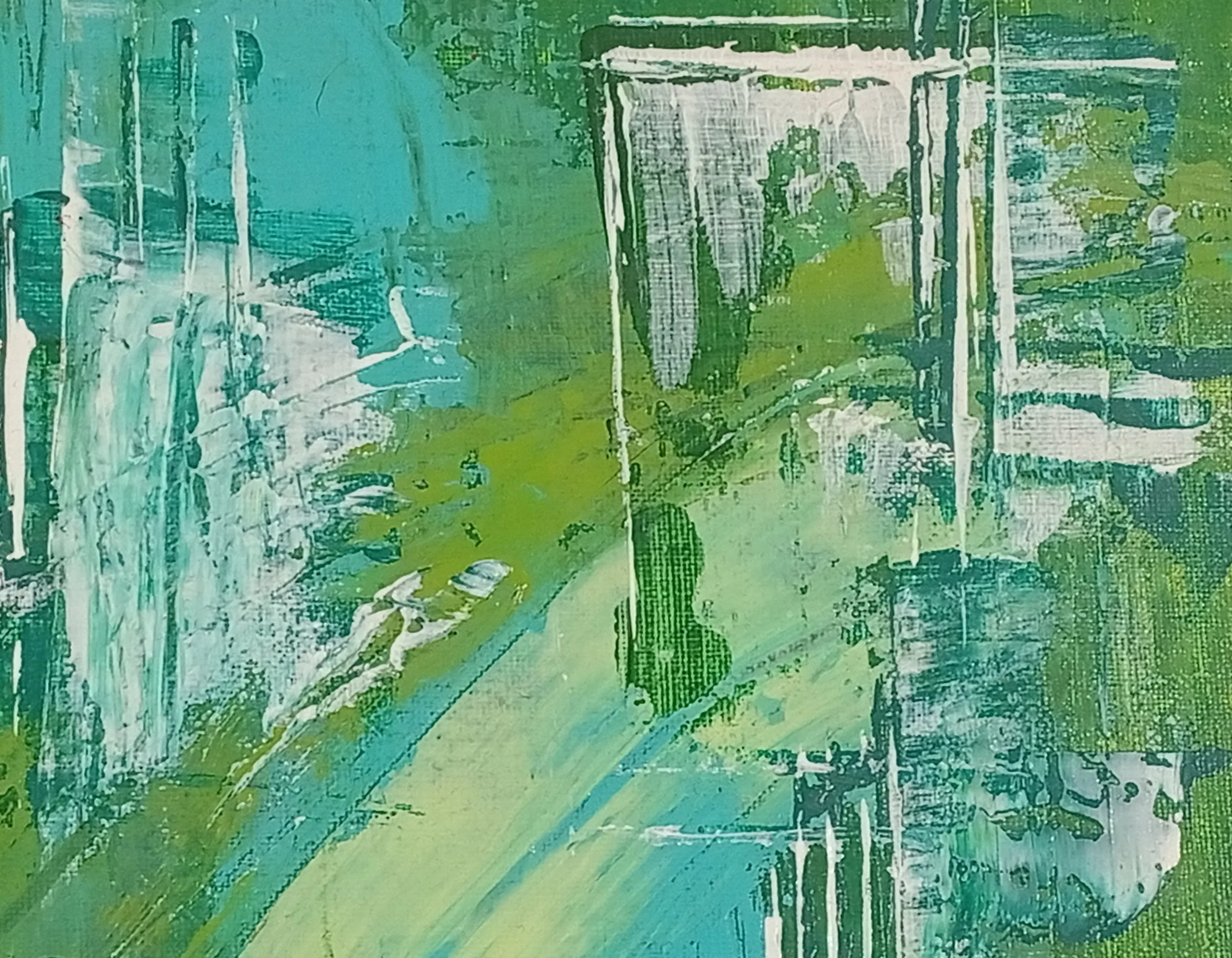 Close-up da pintura “Icy Green”, mostrando texturas em tons de verde e azul criadas com espátula, acrílico sobre tela, maio de 2020.