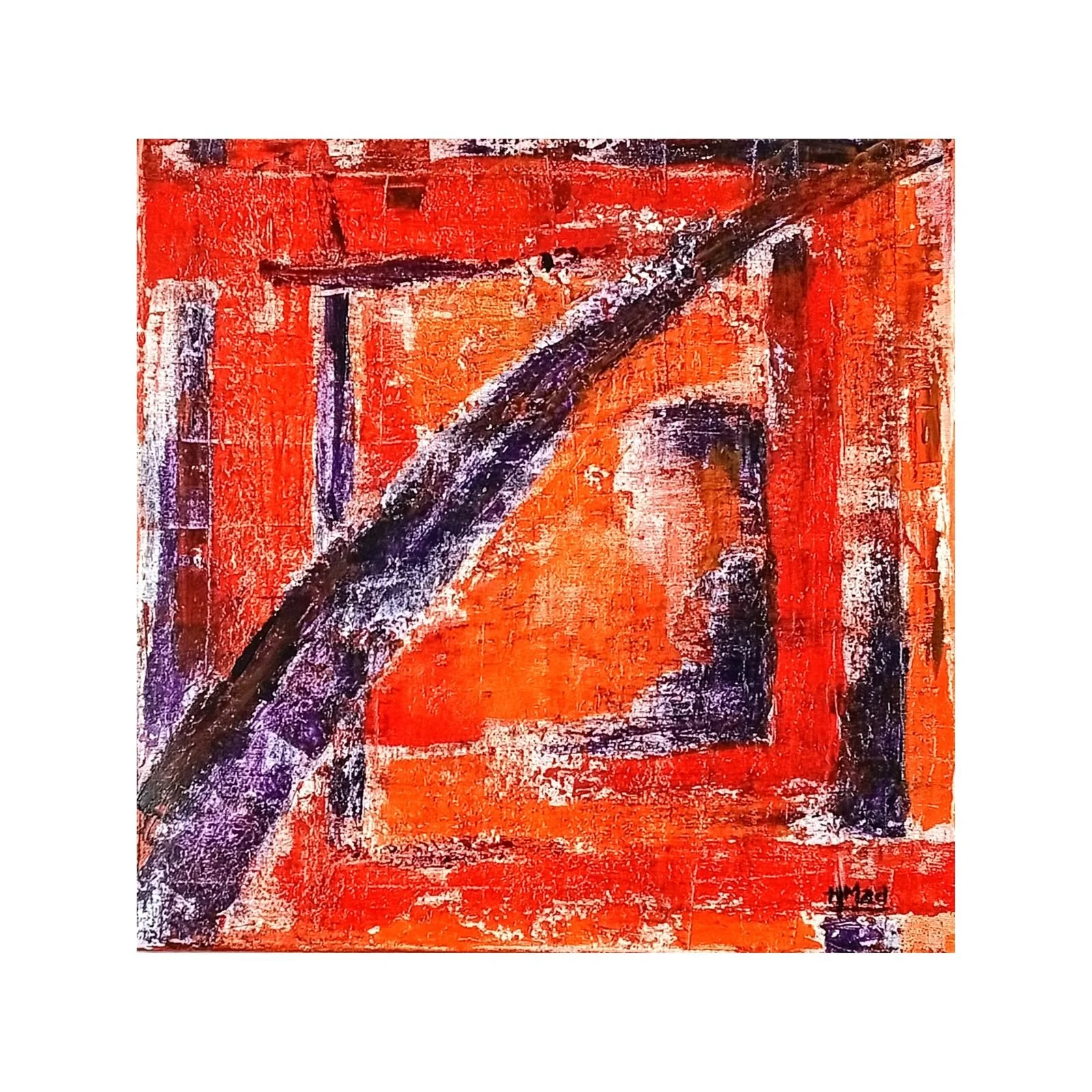 “Passenger” acrylic painting on canvas, red, orange, purple and white tones, 40×40×1 cm, May 2020, HMad Artworks.