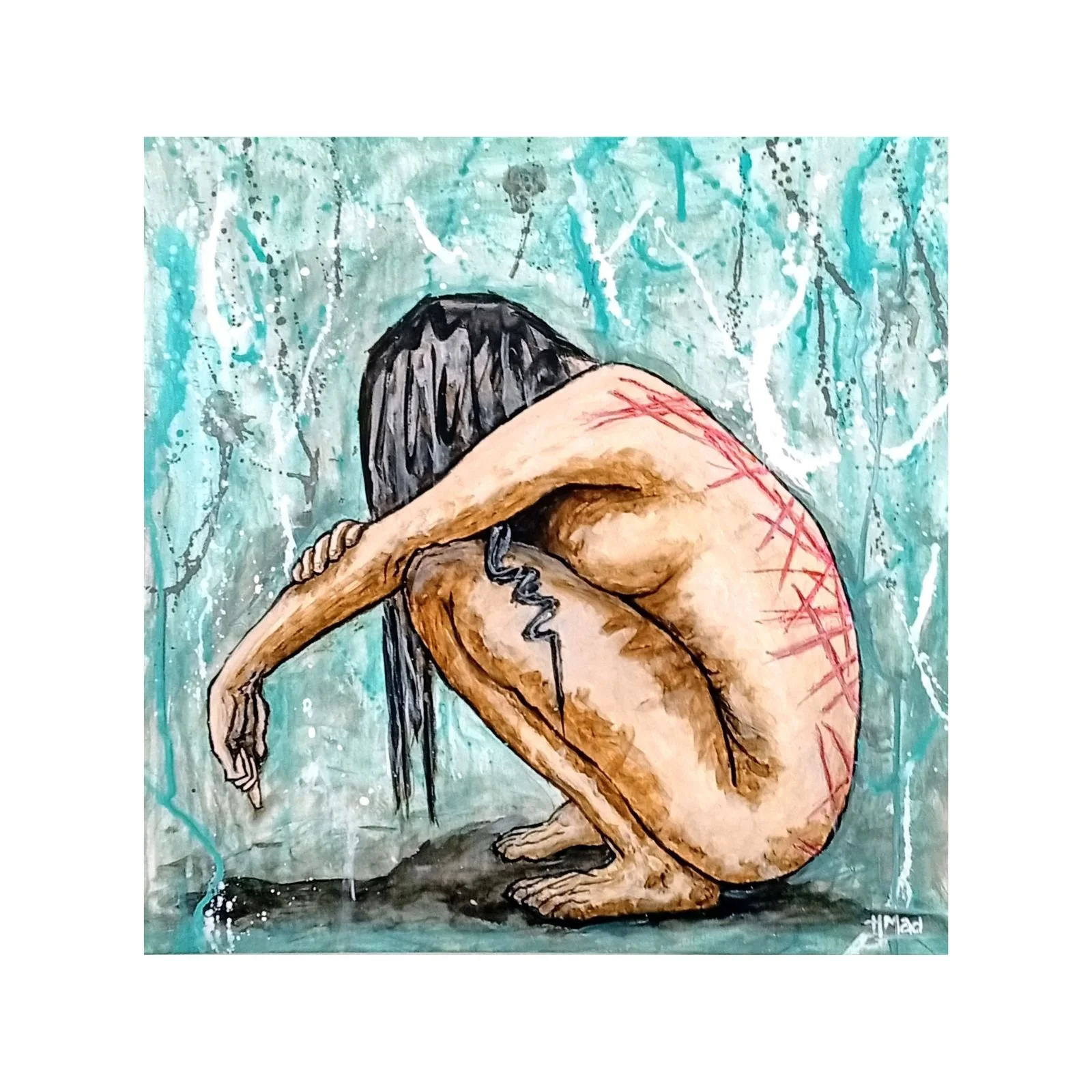 Pintura “Waiting For Aftercare” em acrílico sobre tela, figura feminina agachada com marcas na pele, fundo verde-água, 60×60×1 cm, junho 2023, HMad Artworks.