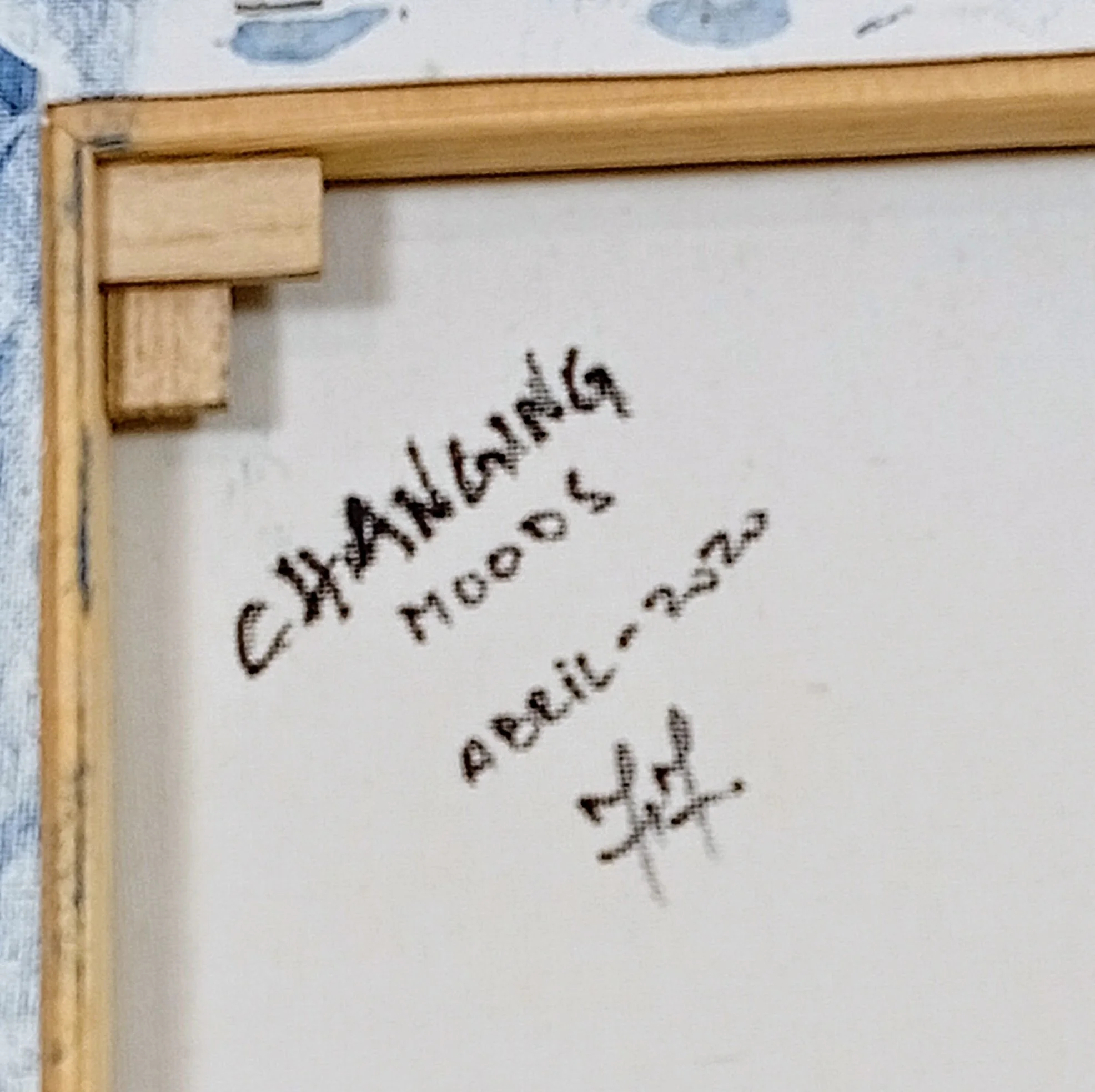 Verso da pintura “Changing Moods” em técnica mista sobre tela, inscrição com título, data e assinatura, 24×30×1 cm, abril de 2020, HMad Artworks.