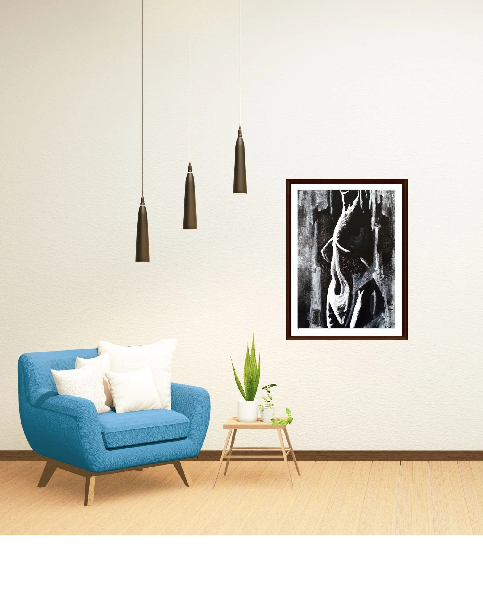 “Model C Pose 3” acrylic painting on canvas, black, white and grey tones, framed and displayed in a minimalist living room with a blue armchair and side table with plant, HMad Artworks.