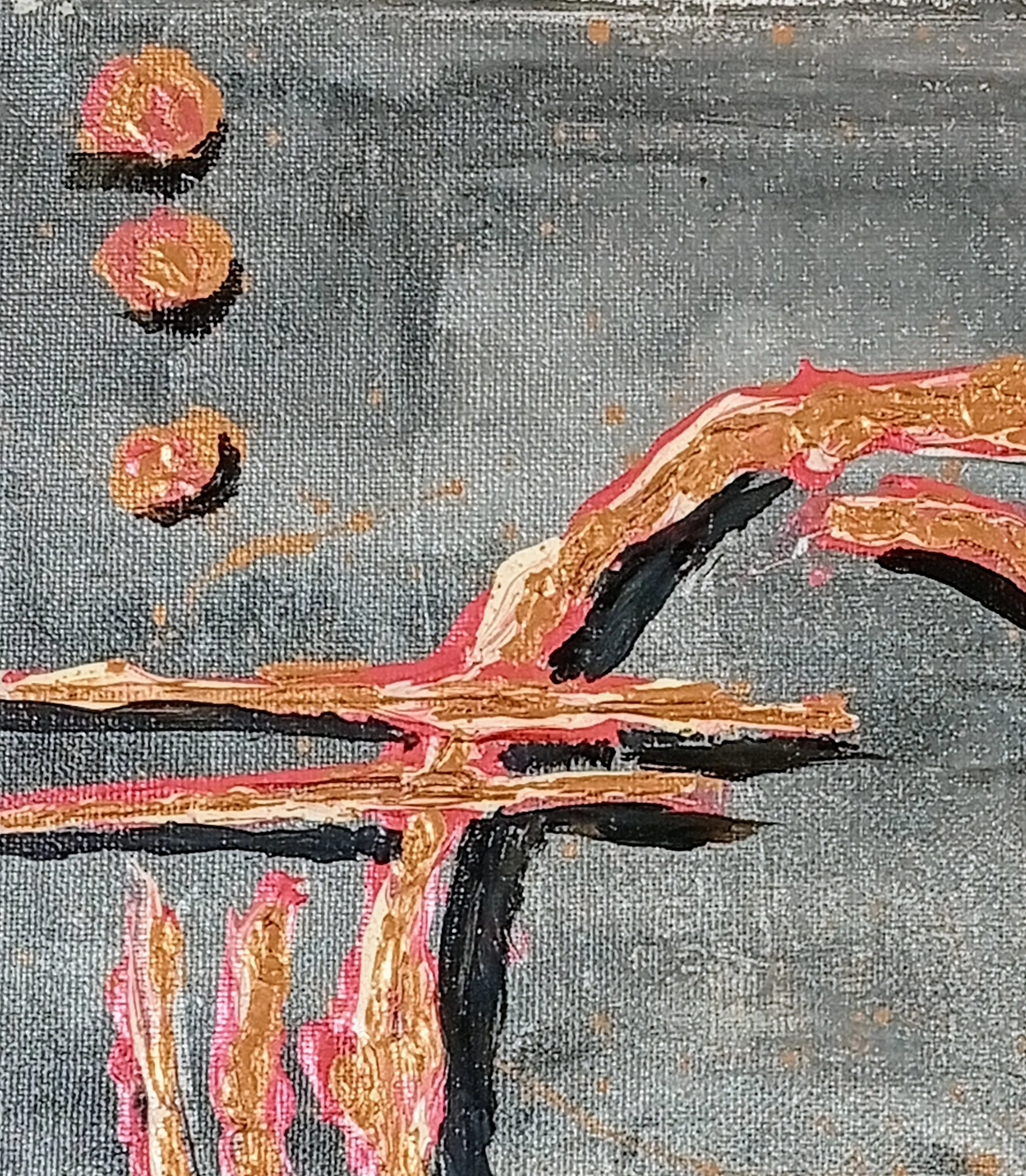 Detalhe em close-up da textura e relevos em bronze da pintura “Bronze Notes Over Grey’s Silver”, HMad Artworks.