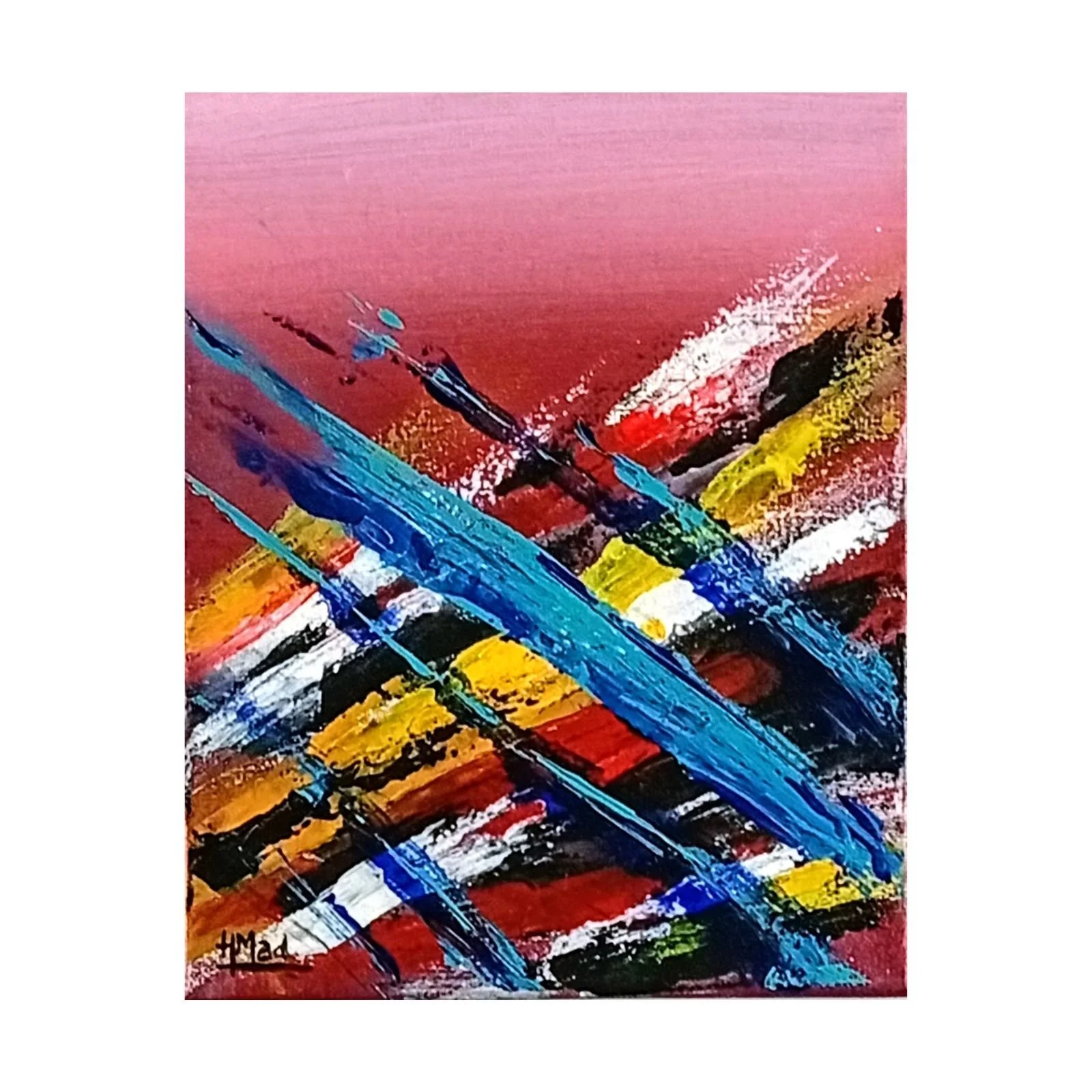“Crossing Lines” painting, acrylic on canvas, palette knife, red, blue, yellow and white, 24×30 cm, April 2020, HMad Artworks.