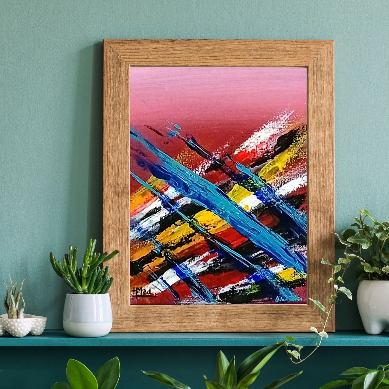 “Crossing Lines” painting, acrylic on canvas, framed, 24×30 cm, April 2020, HMad Artworks.