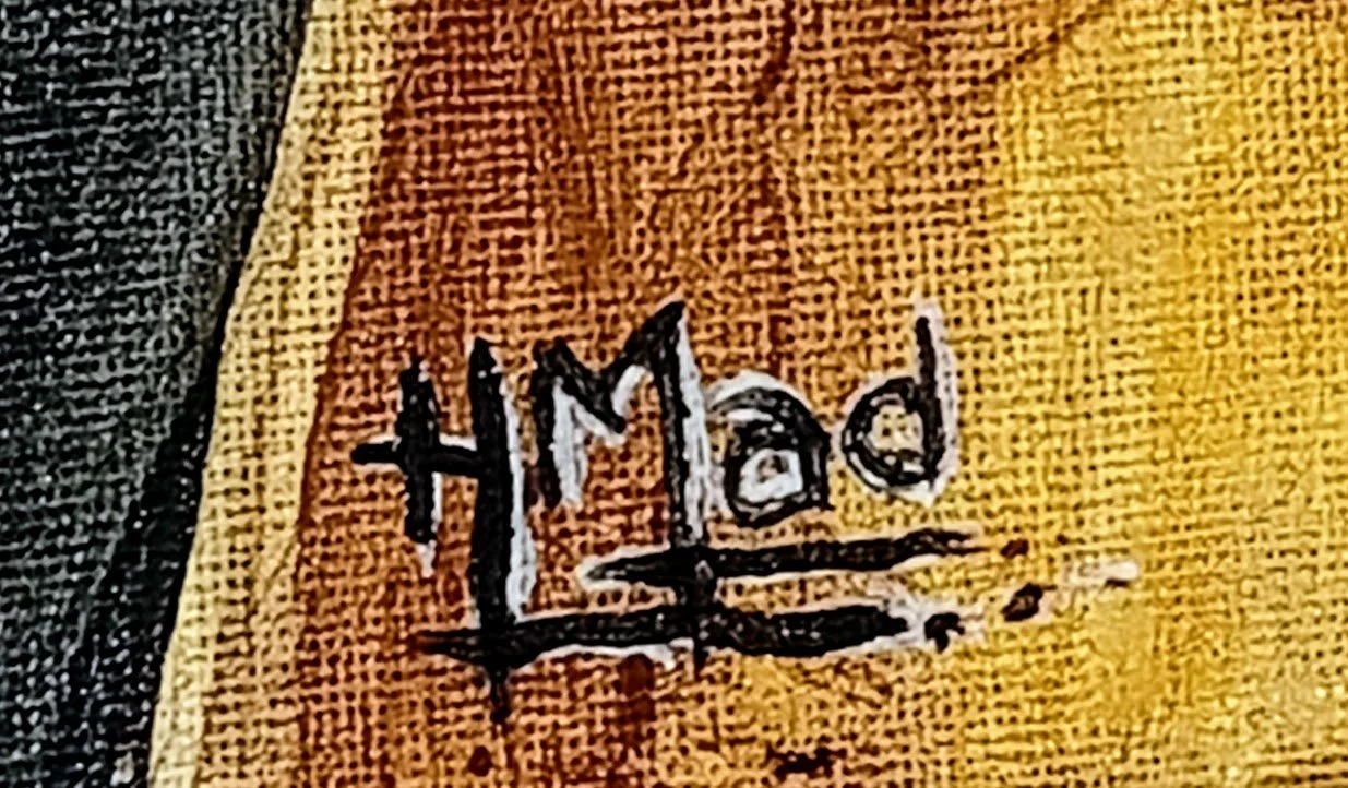 Assinatura “HMad” na pintura “Maria” em acrílico sobre tela, julho de 2022, HMad Artworks.