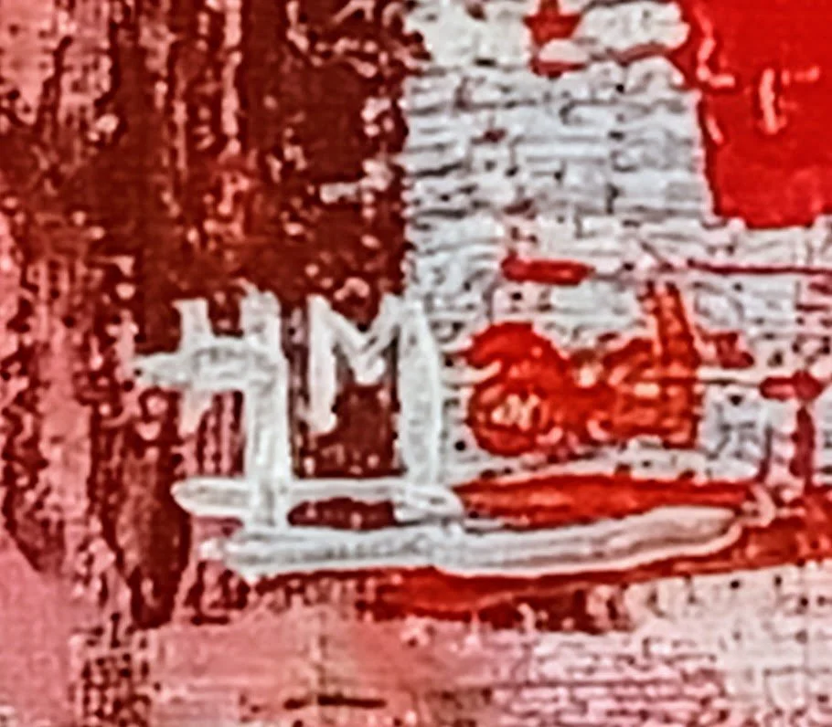 “HMad” signature in white paint on the lower left corner of the “Red Levels” painting, acrylic on canvas, June 2020.