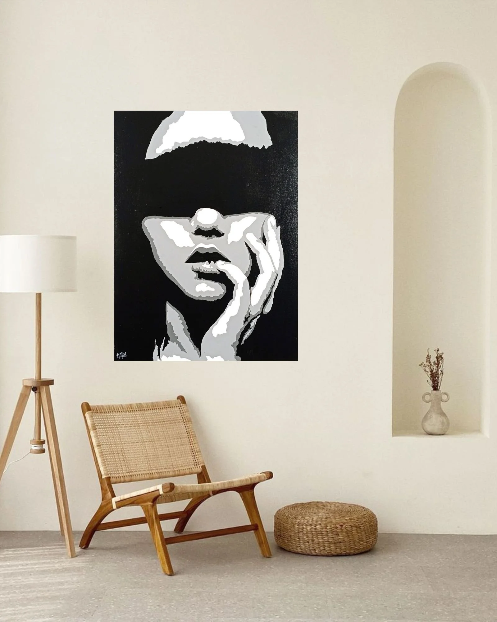 “The Exitment Of The Unexpected” acrylic on canvas painting, brush-painted, 80×50×4 cm, July 2023, displayed on a light wall with minimalist decor.