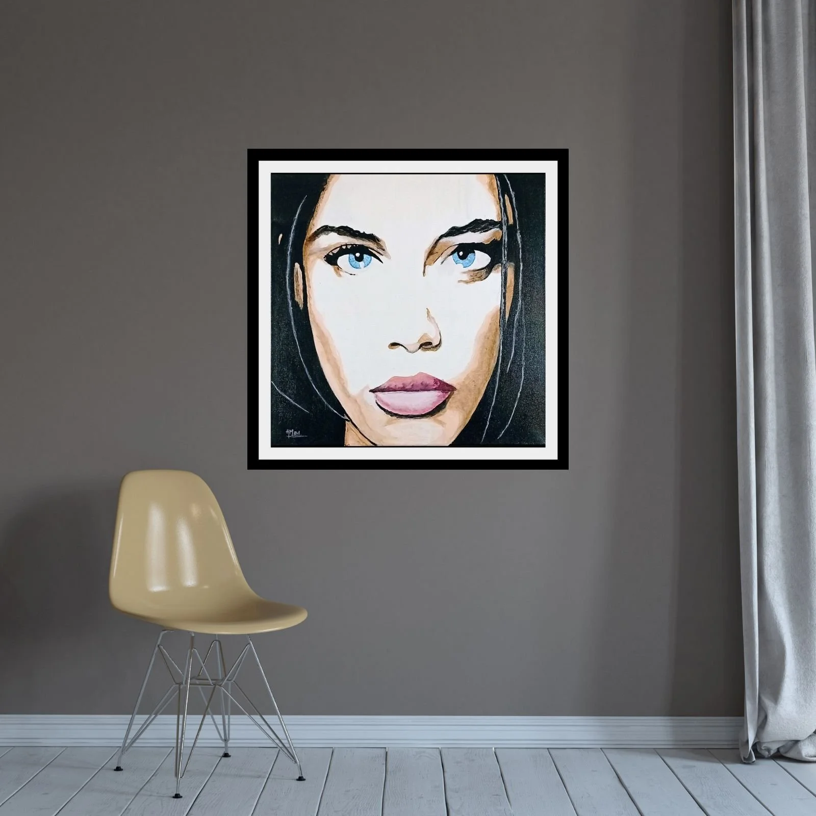 “Rute” by HMad framed and hanging on a grey wall above a beige chair in a minimalist setting.