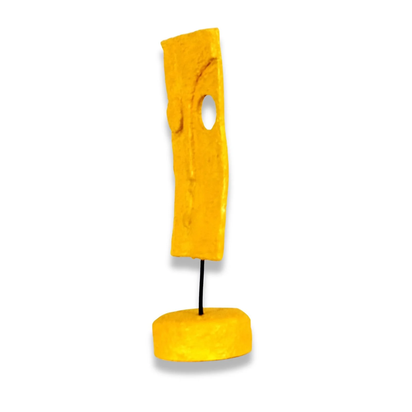 Yellow – Minimalist Abstract Figurative Sculpture, acrylic paste and iron structure, side view.