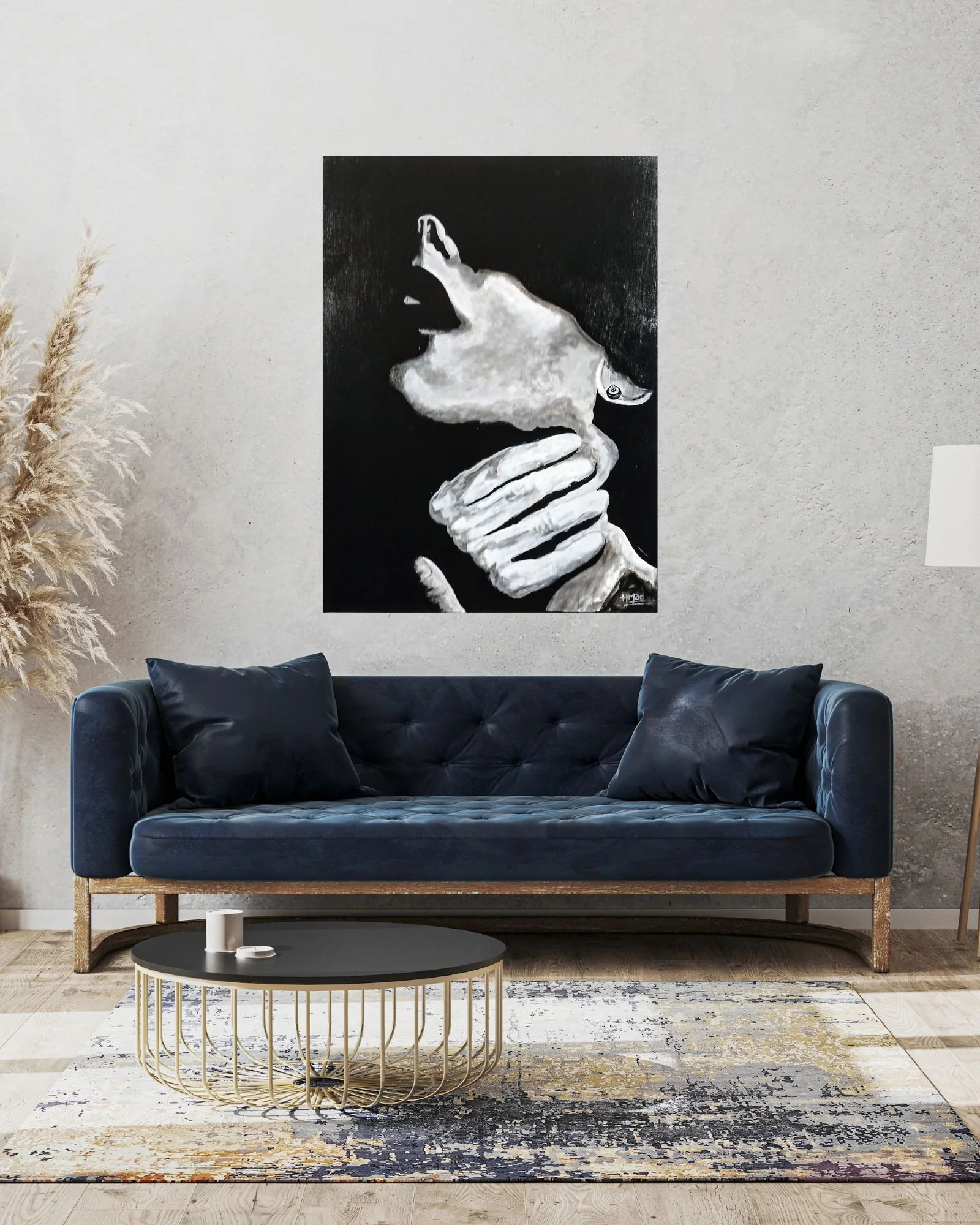 “Oh! You'r So Mine Now!!!” acrylic on canvas painting, brush-painted, 80×50×4 cm, July 2023, displayed on a light wall with blue sofa and contemporary decor.
