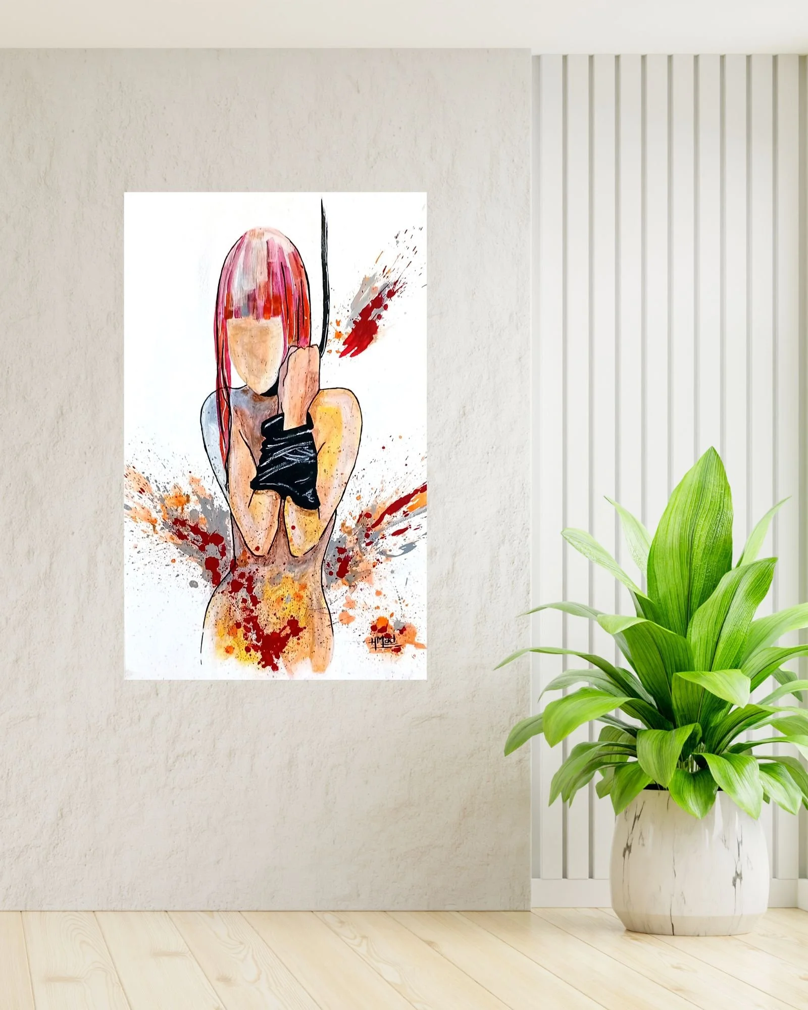 Mockup of the painting "Slave Girl" hanging on a light-colored wall, next to a decorative plant.