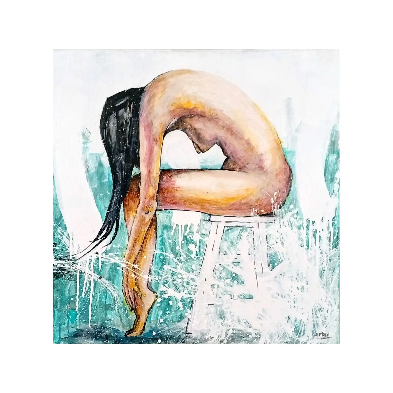 Pintura “Waiting For The Punishment” em acrílico sobre tela, figura curvada em postura introspectiva, 60×60×1 cm, junho 2023, HMad Artworks.