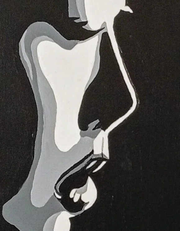 Detalhe da pintura “Yes, My Lord!” em acrílico sobre tela, monocromática, maio 2023, HMad Artworks.