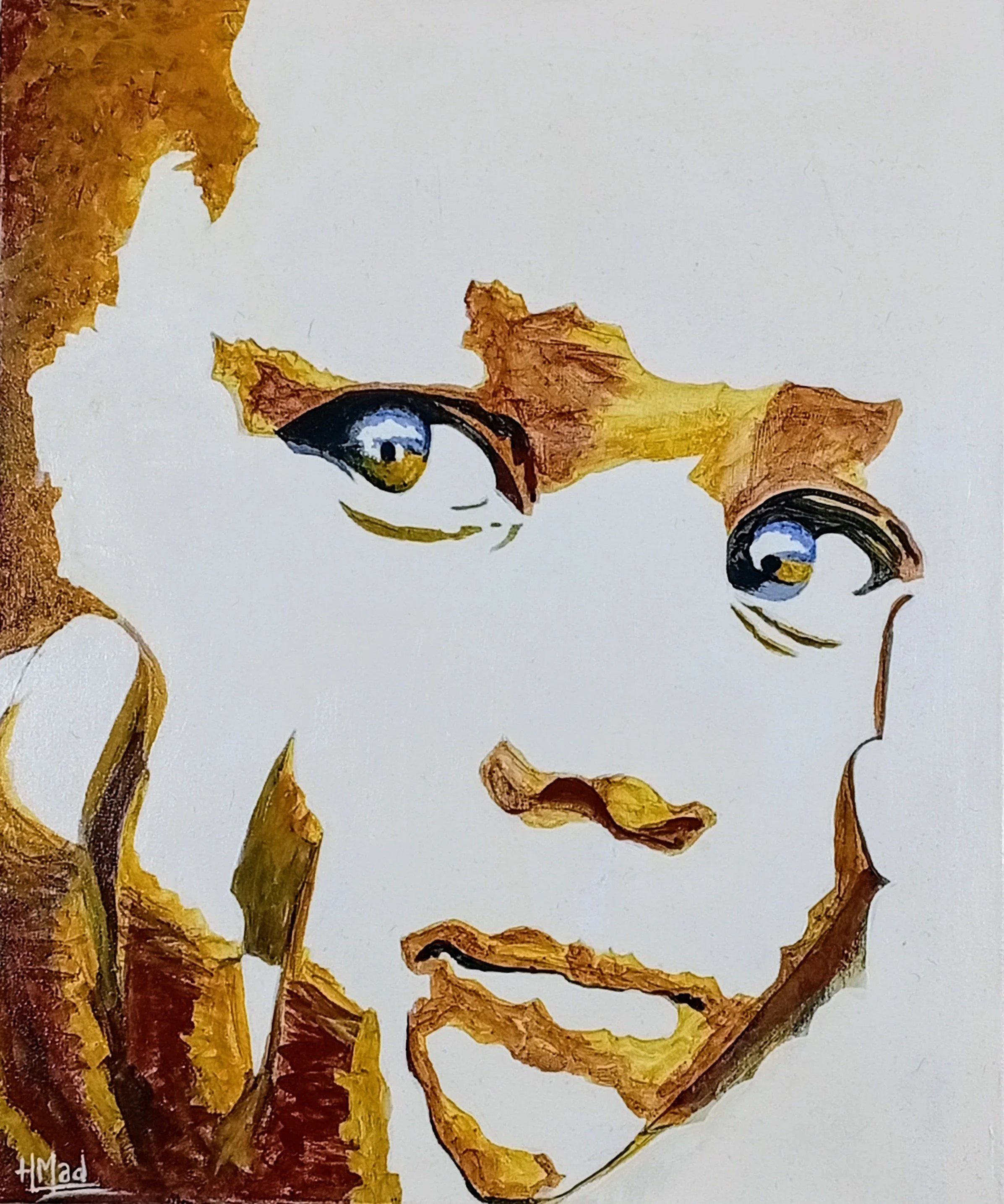 Pintura "How Many Dreams" de HMad Artworks, que representa um rosto figurativo abstrato com pinceladas em tons quentes de amarelos e castanho.