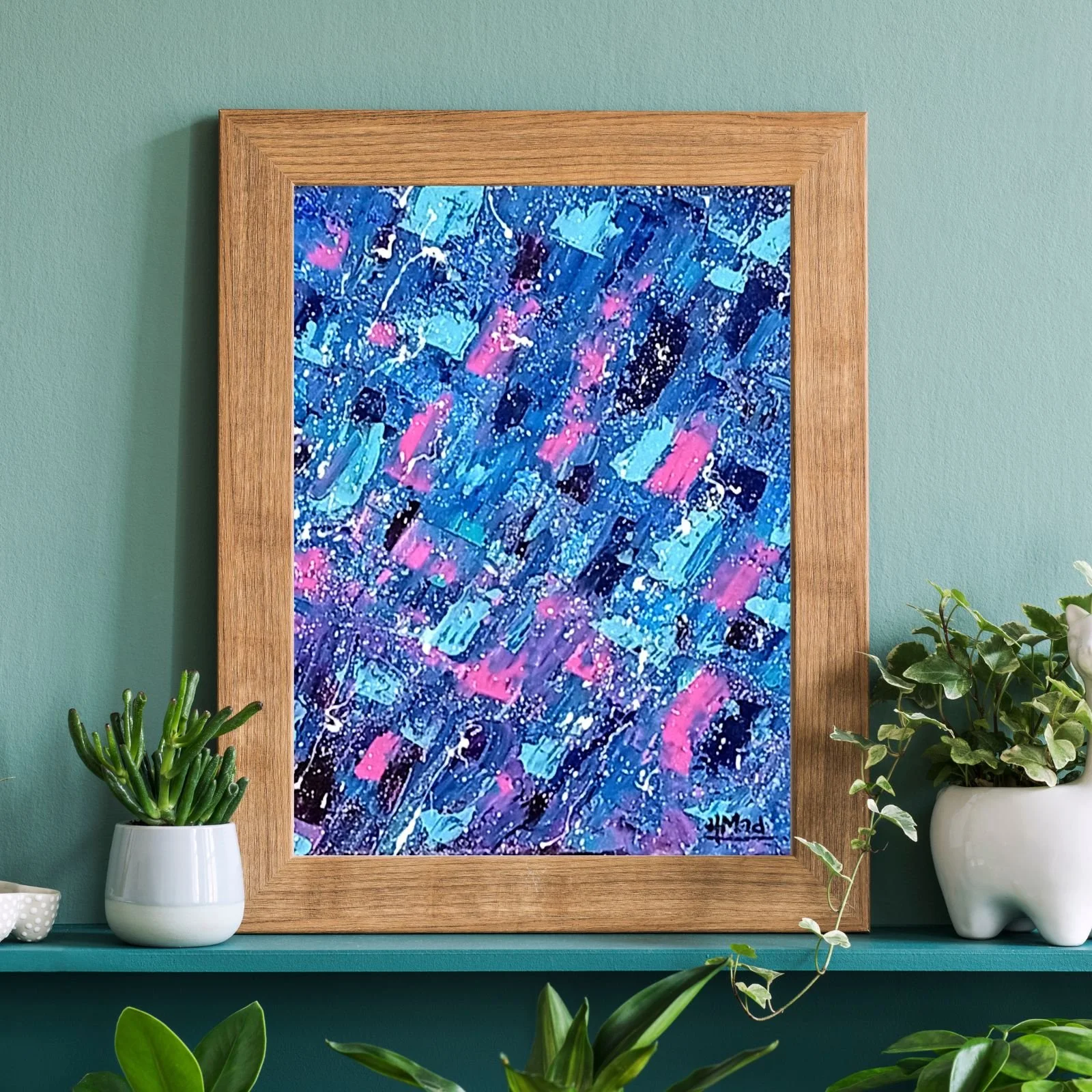 “Fooling Around” painting, acrylic on canvas, framed, 24×30 cm, April 2020, HMad Artworks.