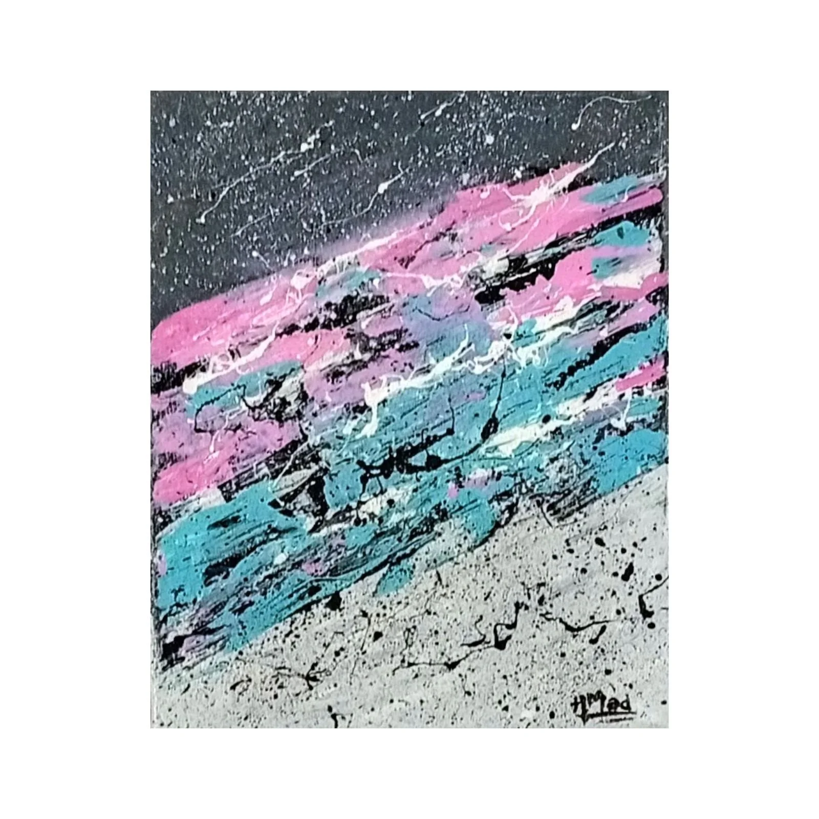 Pintura “Changing Moods II” em técnica mista sobre tela, tons de cinza, rosa e azul, 24×30×1 cm, abril de 2020, HMad Artworks.