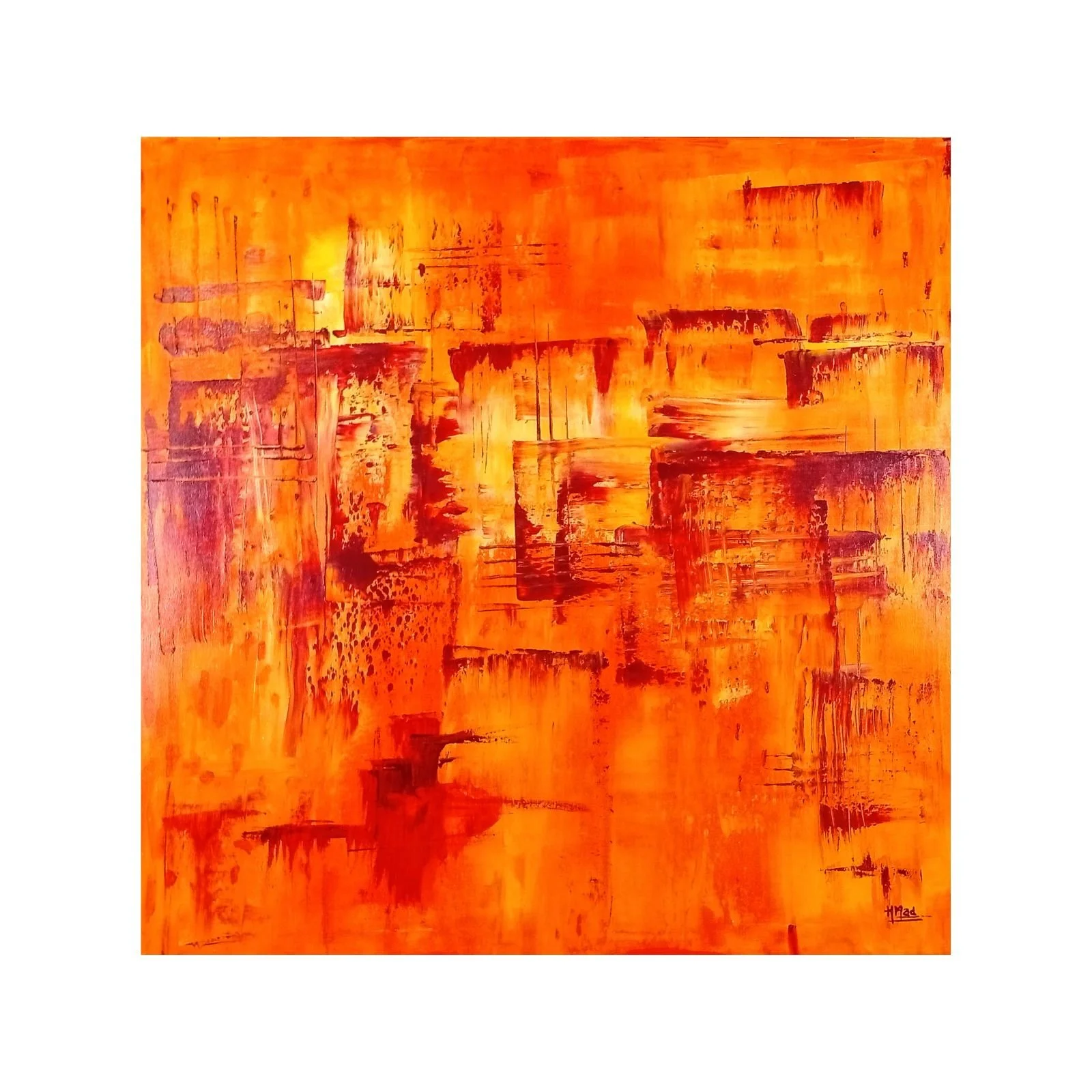 Pintura “Bloody Orange” em acrílico profissional sobre tela premium de algodão com armação de madeira, tons laranja e vermelho, 80×80×1 cm, julho de 2020, HMad Artworks.