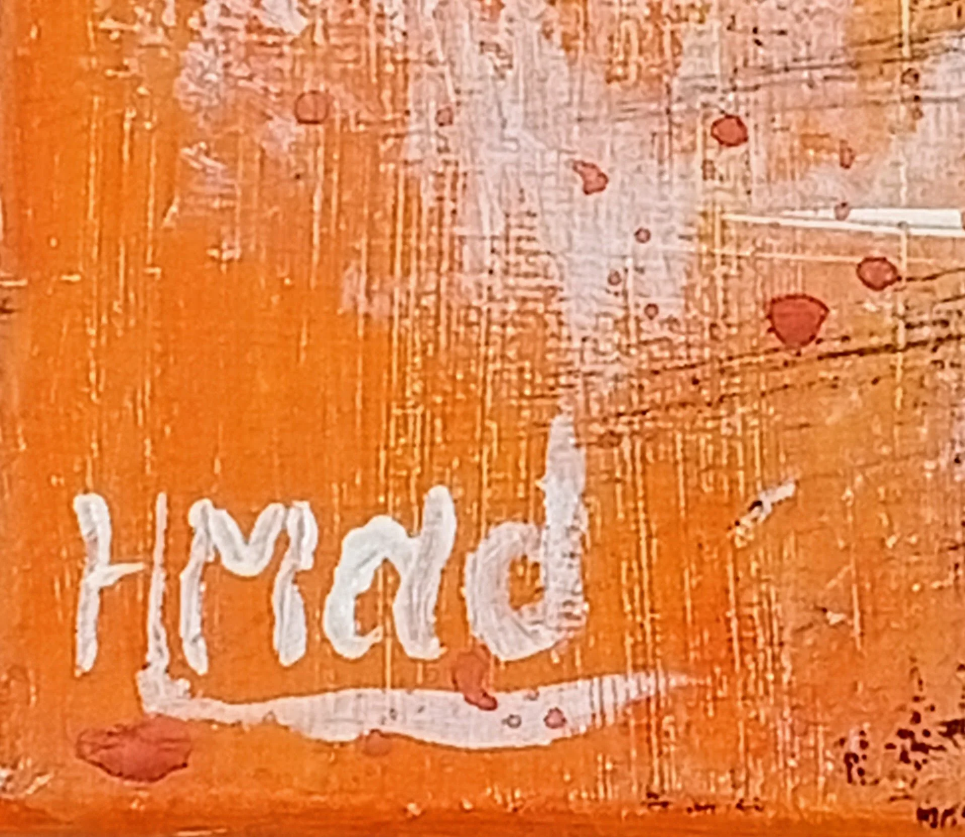 Assinatura “HMad” na pintura “Somewhere By A River” em acrílico sobre tela, maio de 2020, HMad Artworks.