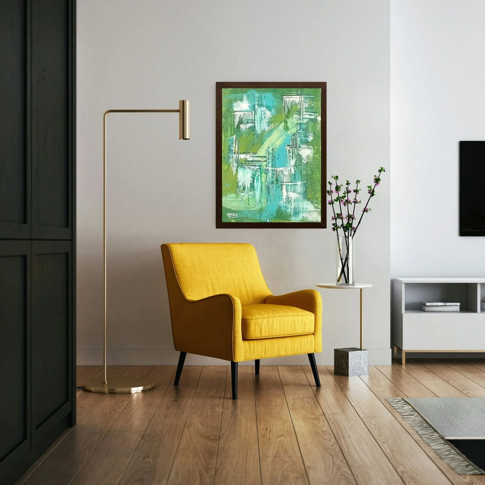 Pintura “Icy Green” em acrílico sobre tela, moldurada e exposta em sala de estar moderna com poltrona amarela, maio de 2020, HMad Artworks.