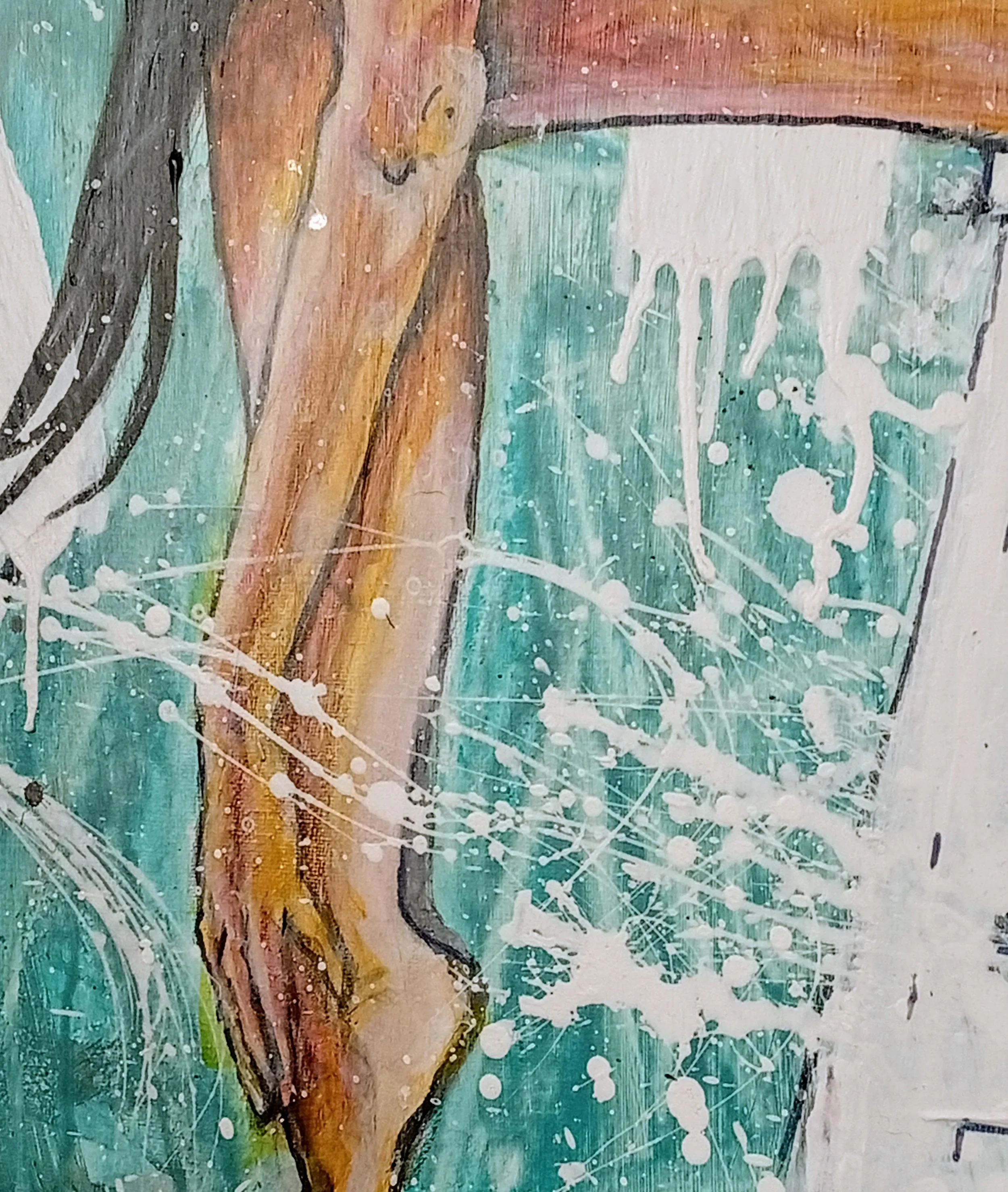 Detalhe da pintura “Waiting For The Punishment” em acrílico sobre tela, figura feminina e salpicos de tinta branca sobre fundo verde-água, junho 2023, HMad Artworks.