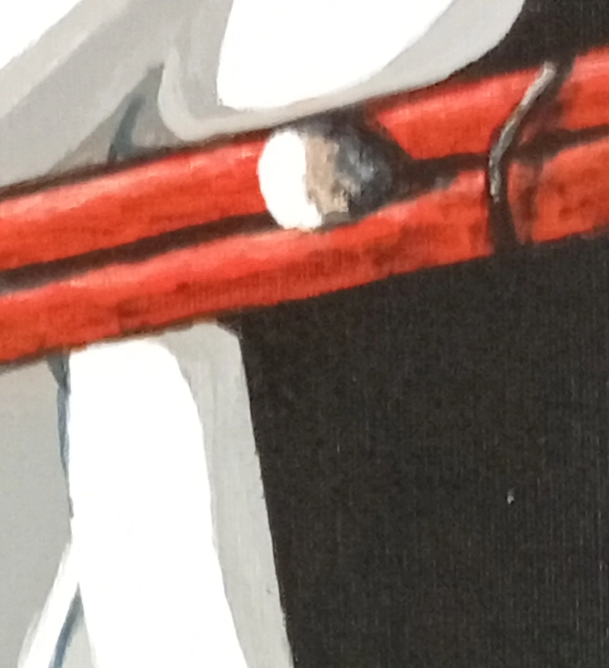 Close-up detail of the red acrylic element in the painting “Oriental Games”.