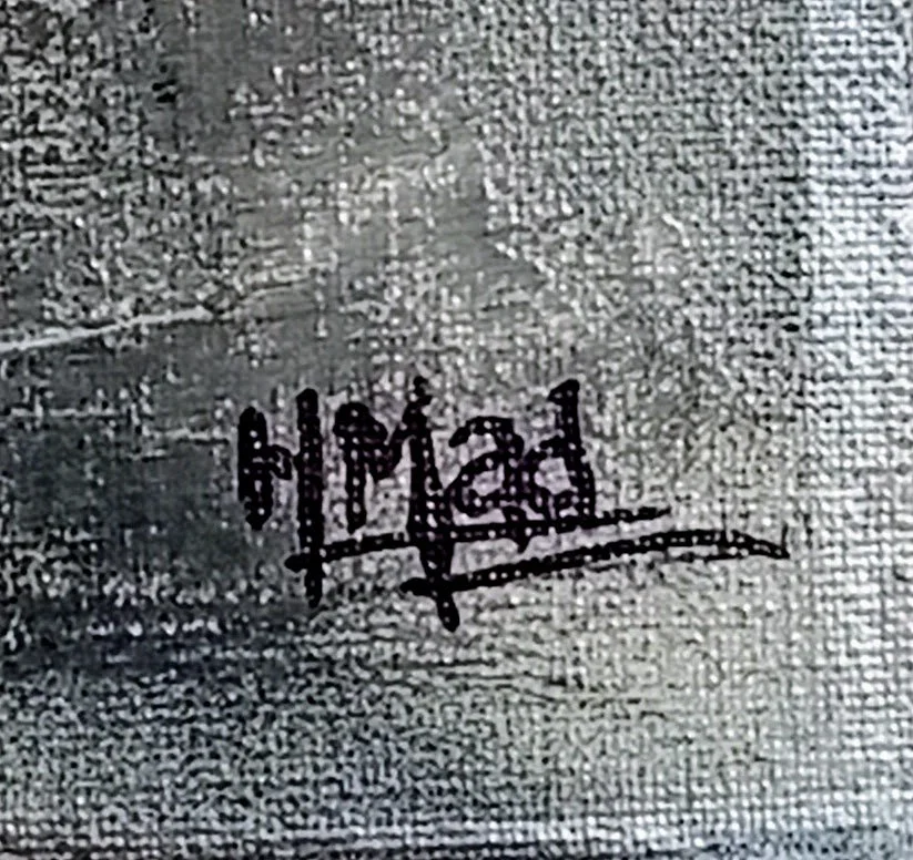 Assinatura de HMad na pintura “Virus”, técnica mista sobre tela, tons metálicos e escuros, canto inferior direito, 70×40×1 cm, novembro de 2019, HMad Artworks.