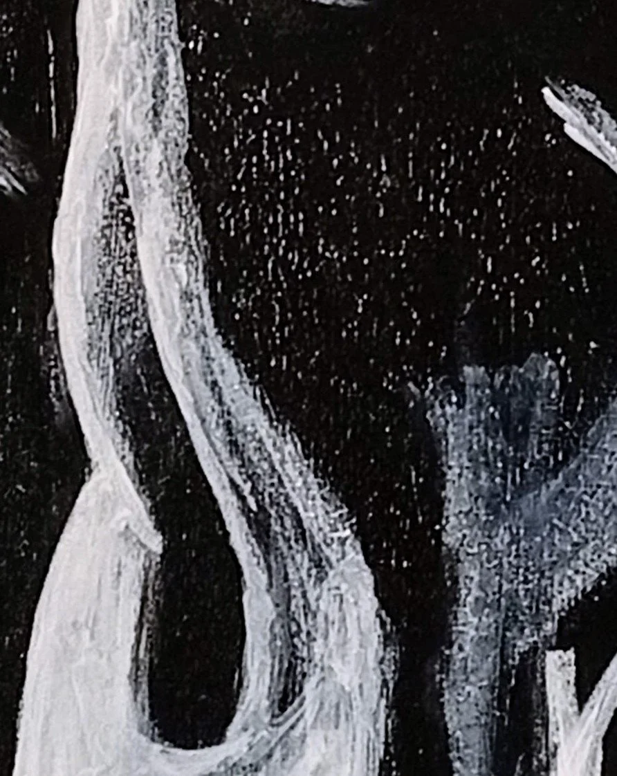 Detail of “Model C Pose 3” acrylic painting on canvas, black, white and grey strokes, July 2022, HMad Artworks.