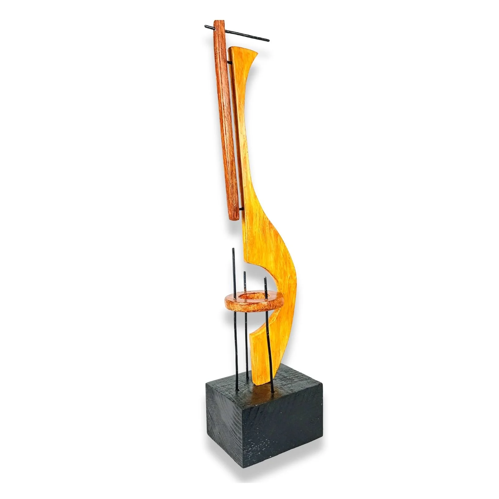Sculpture "Strig Instruments III" by HMad, with an abstract form in wood, metal, and sculpting paste.