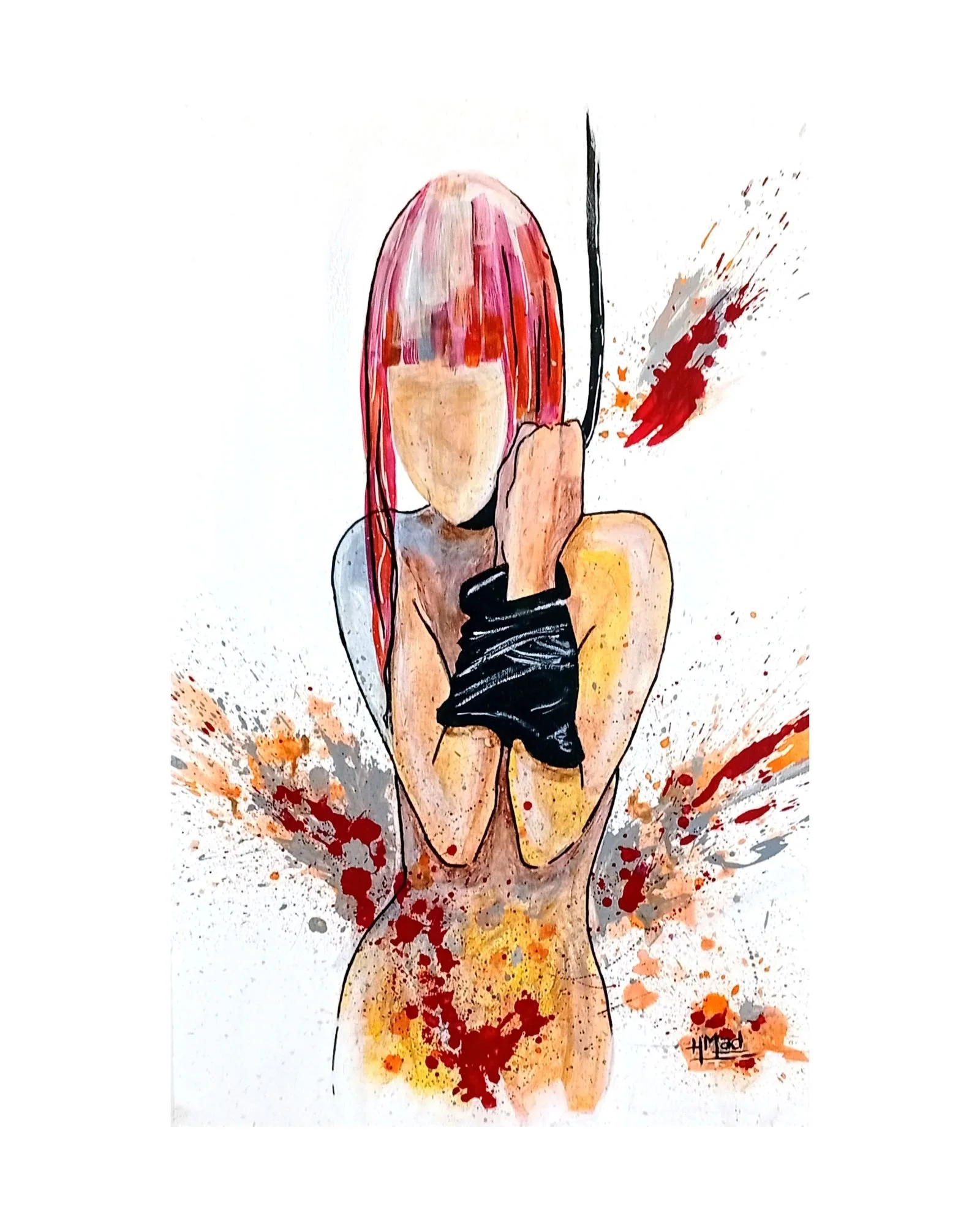 Contemporary painting "Slave Girl" by HMad, mixed media on canvas, depicting a nude female figure with pink hair and bound hands, on a white background with red and orange splashes.