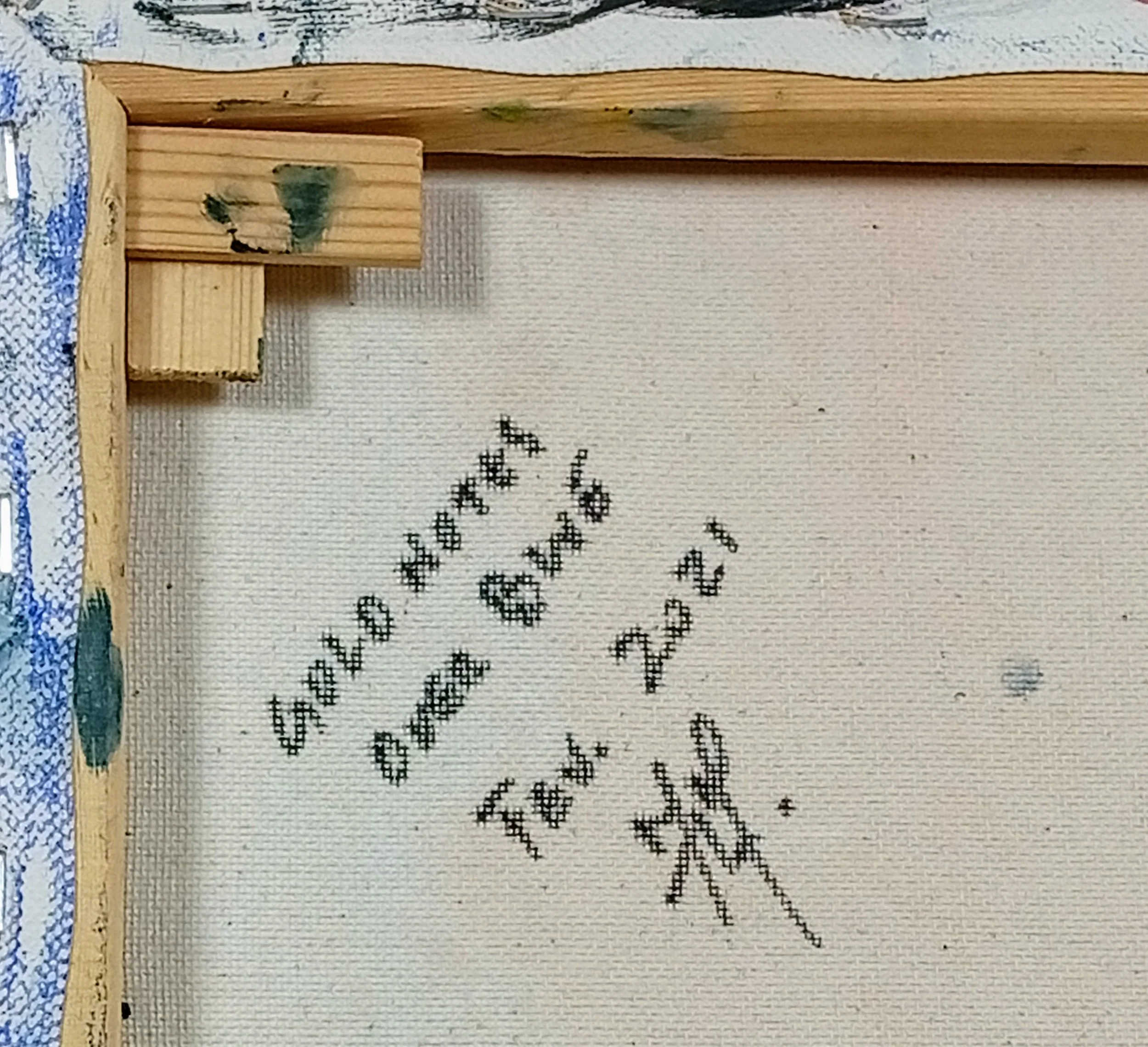 Back of the canvas of the artwork “Gold Notes Over Blue”, showing handwritten title, February 2021 date, and artist HMad’s signature.