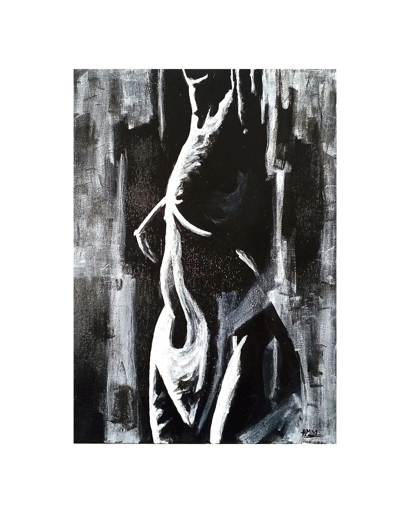 “Model C Pose 3” acrylic painting on canvas, black, white and grey tones, 50×70×1 cm, July 2022, HMad Artworks.