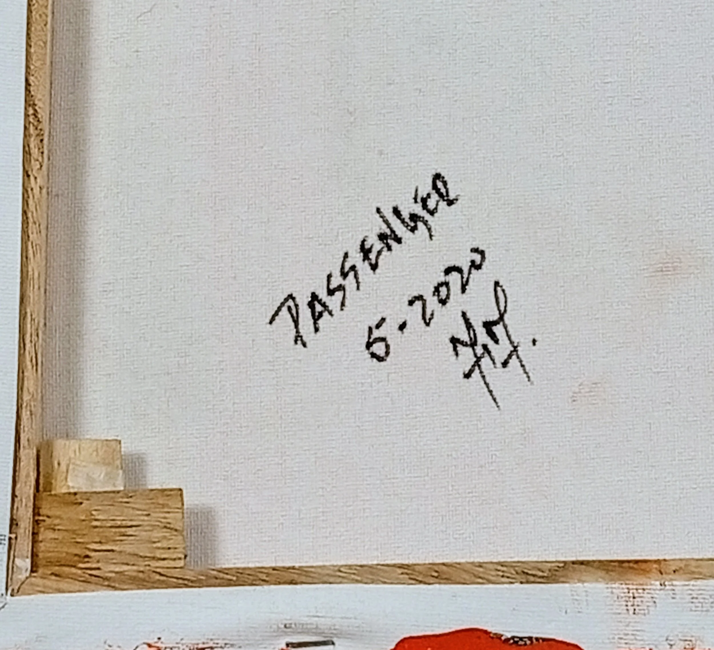 Back of “Passenger” acrylic painting on canvas, with handwritten title, date “5-2020” and signature, HMad Artworks.