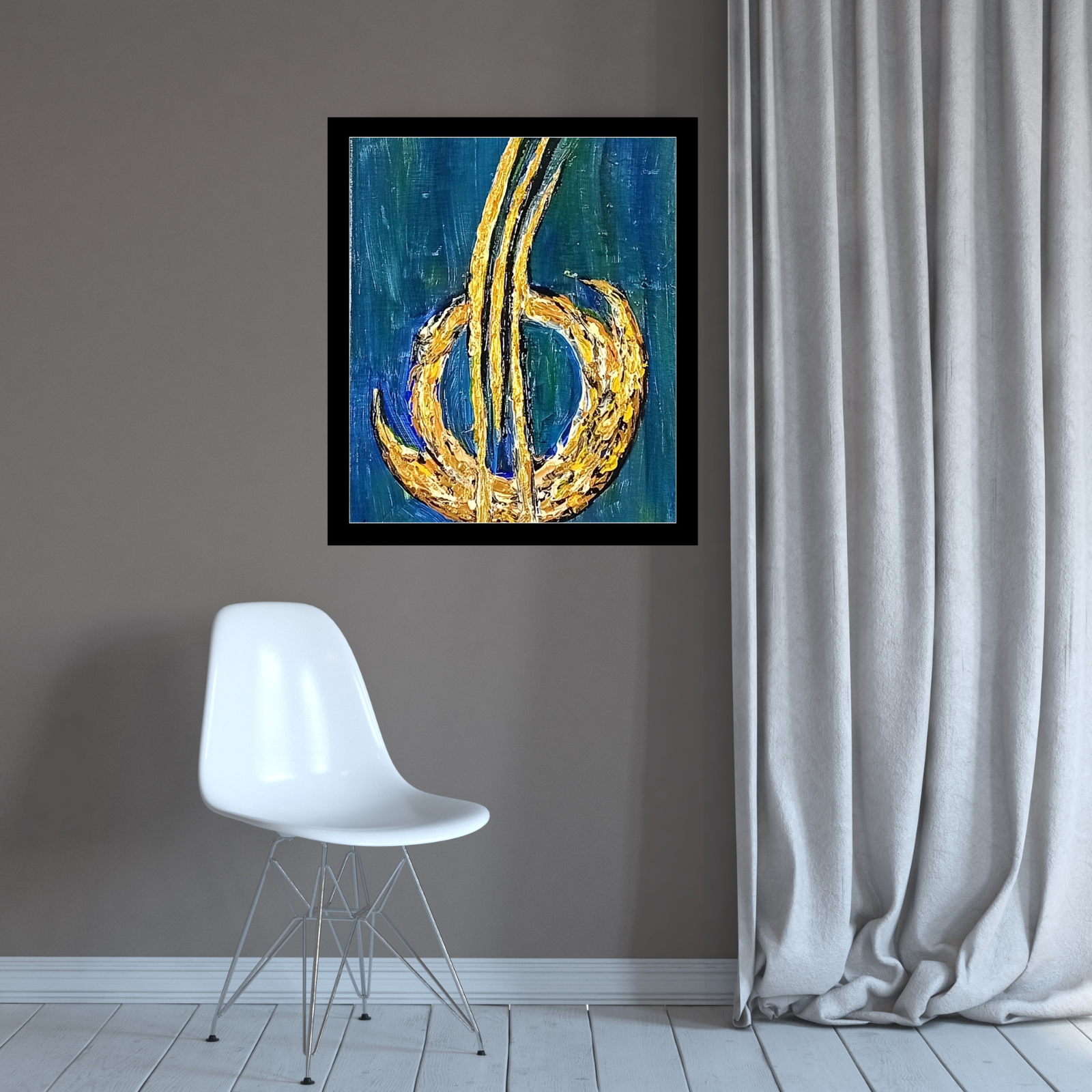 “Gold Notes Over Blue” acrylic on canvas painting, blue background with golden reliefs, displayed on grey wall with white chair and light curtain, 30×40 cm, February 2021, HMad Artworks.