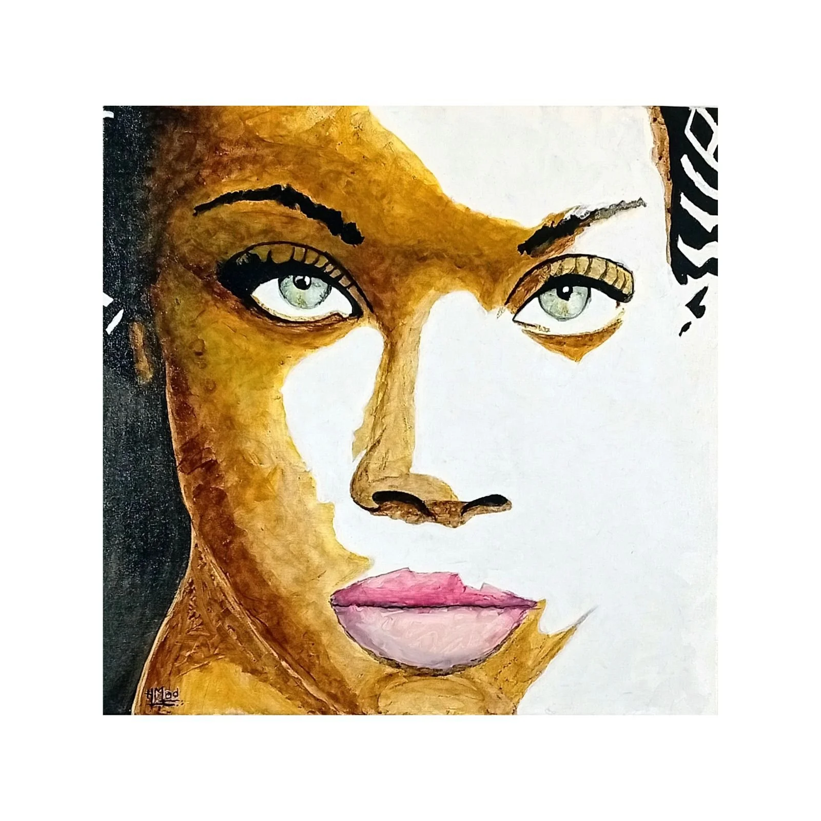 Pintura “Maria” em acrílico sobre tela, retrato feminino com olhos verdes, lábios rosados e tons quentes, 60×60×1 cm, 559 g, maio de 2020, HMad Artworks.