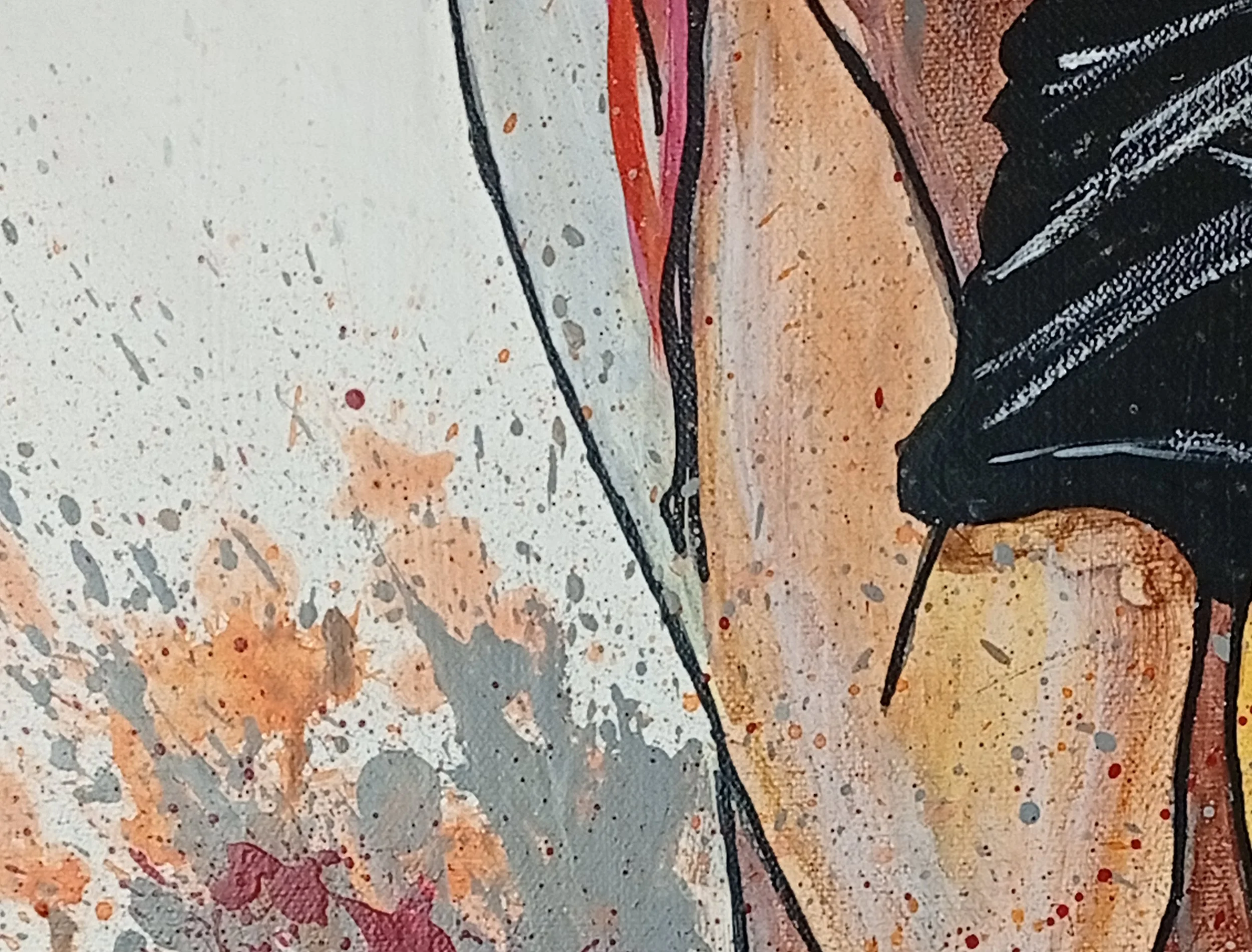 Detail of the painting "Slave Girl" by HMad, showing red, orange, and grey paint splashes over a white and skin-toned surface.