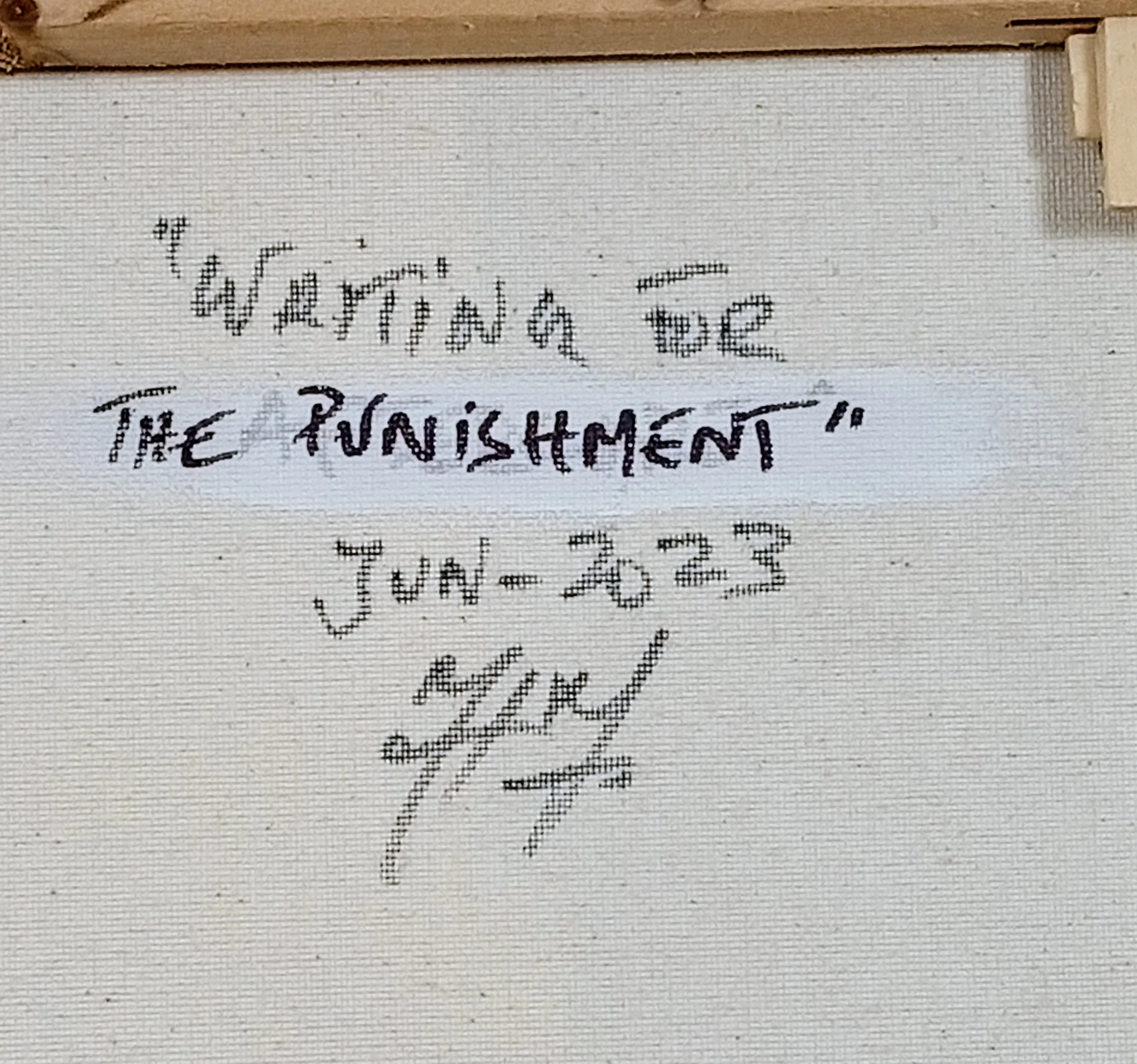 Verso da pintura “Waiting For The Punishment” com título, data de junho 2023 e assinatura manual do artista, HMad Artworks.