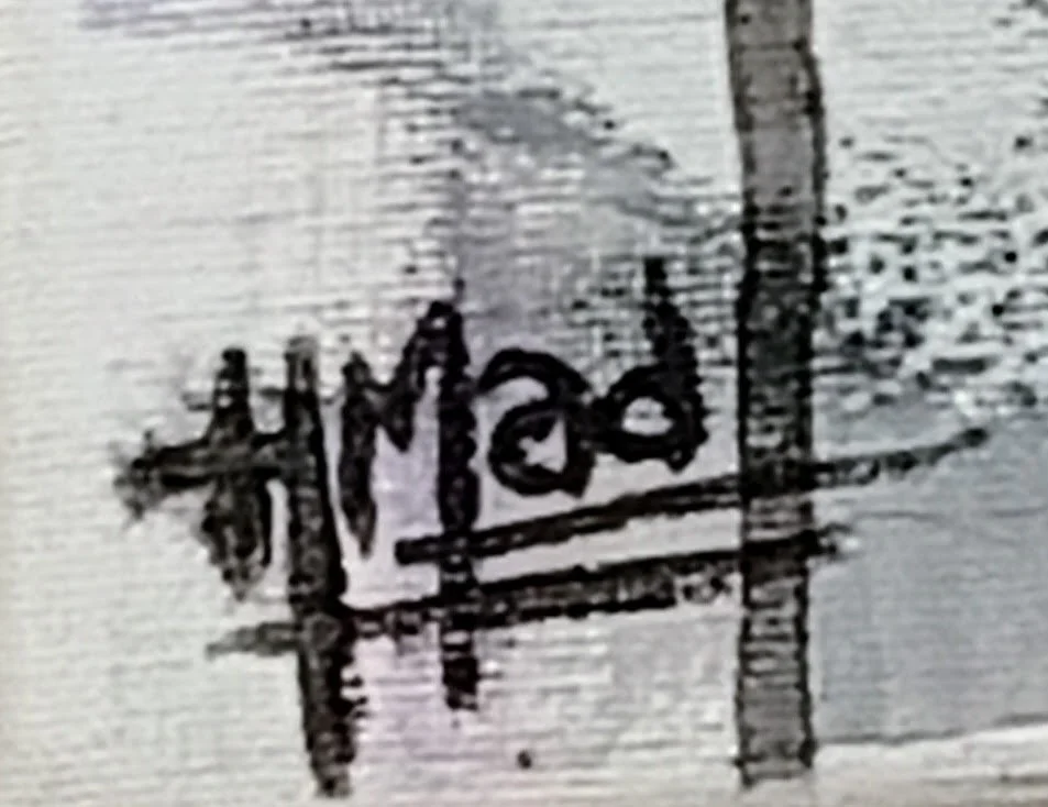 Assinatura do artista “HMad” em tinta preta sobre canto inferior esquerdo da pintura “Bounded”, junho 2023, HMad Artworks.