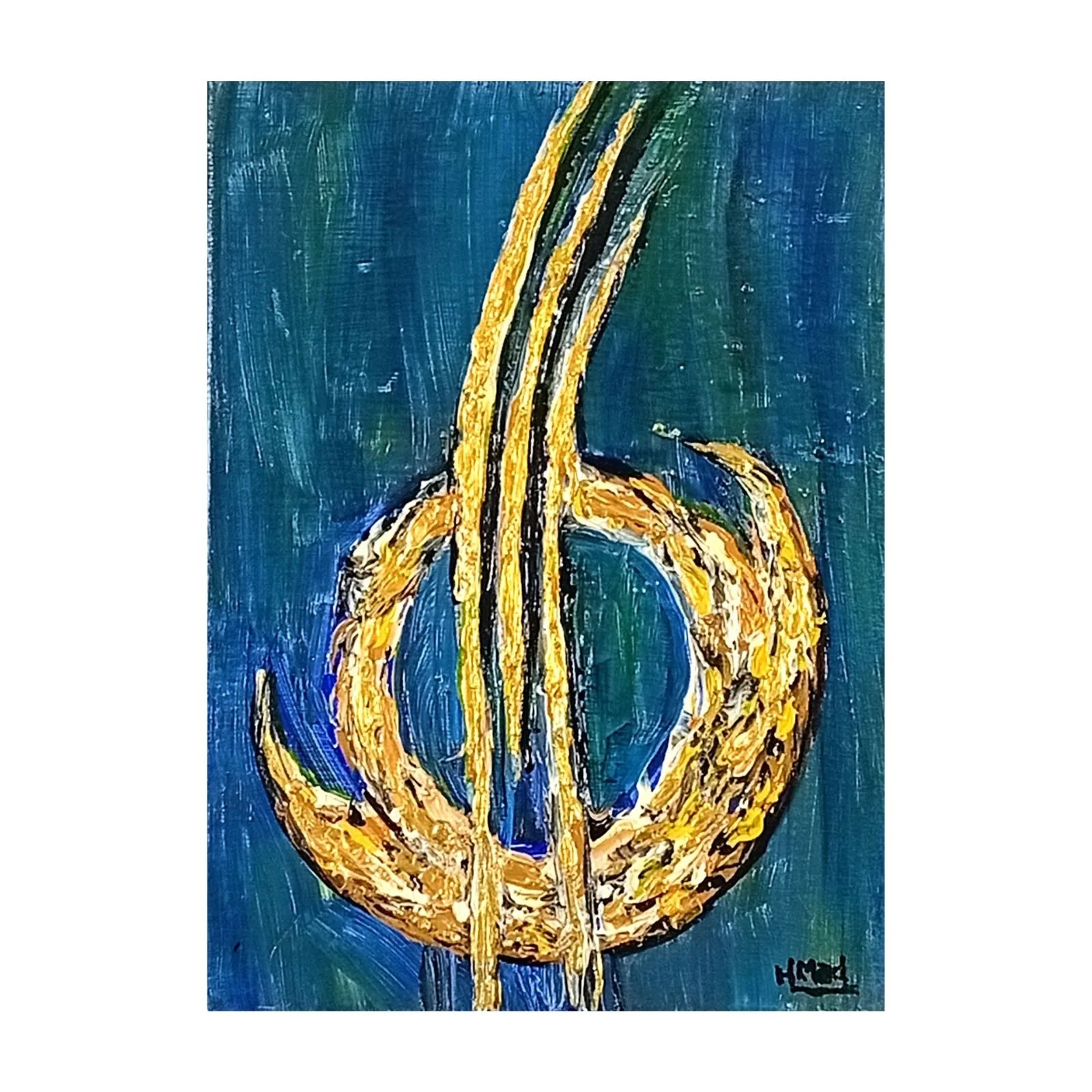 “Gold Notes Over Blue” acrylic on canvas painting, 30×40×1 cm, blue and gold tones with palette knife reliefs, February 2021, HMad Artworks.