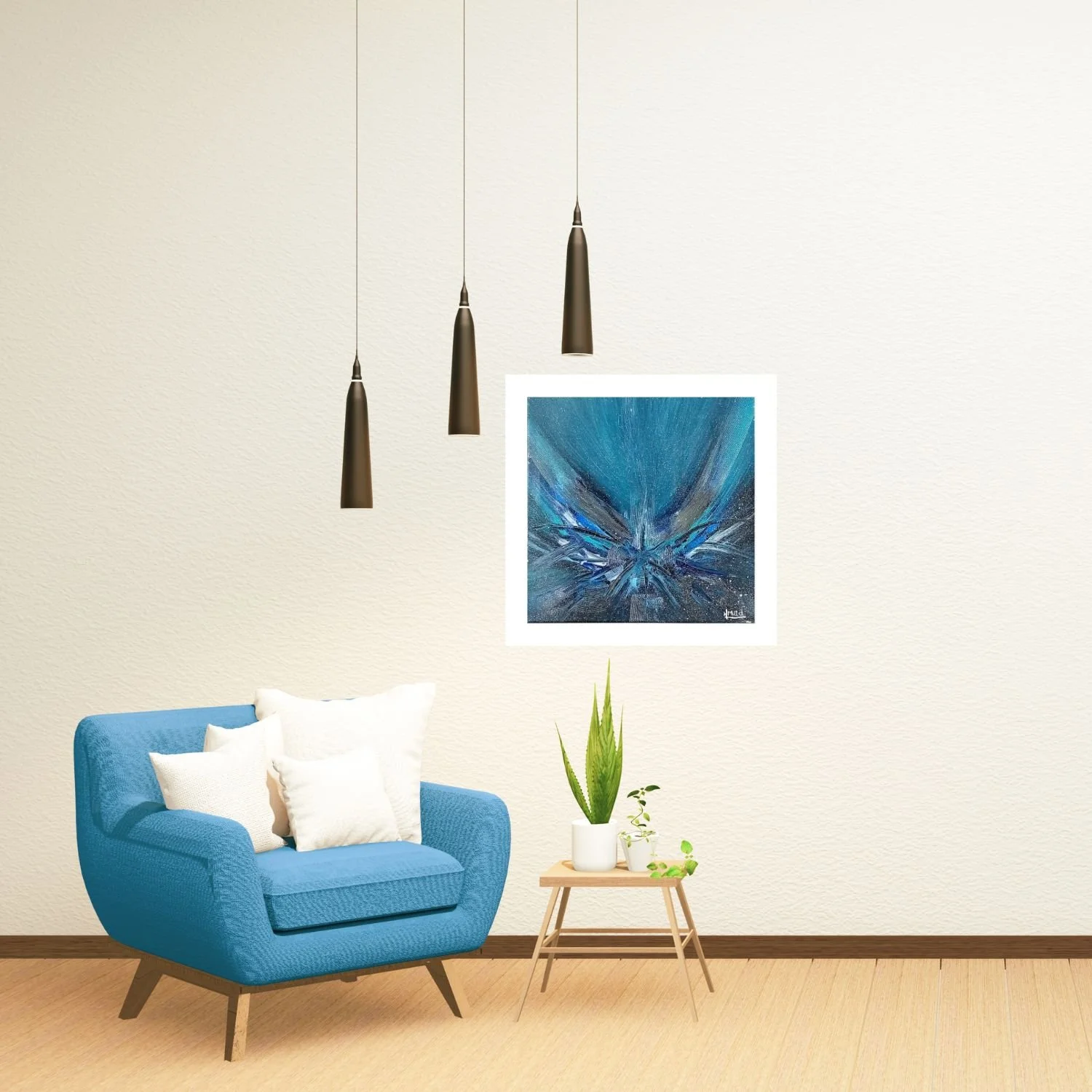 Pintura abstrata em tons de azul, intitulada Feeling Blue, exibida numa parede de sala moderna com poltrona azul, candeeiros suspensos e planta decorativa.
