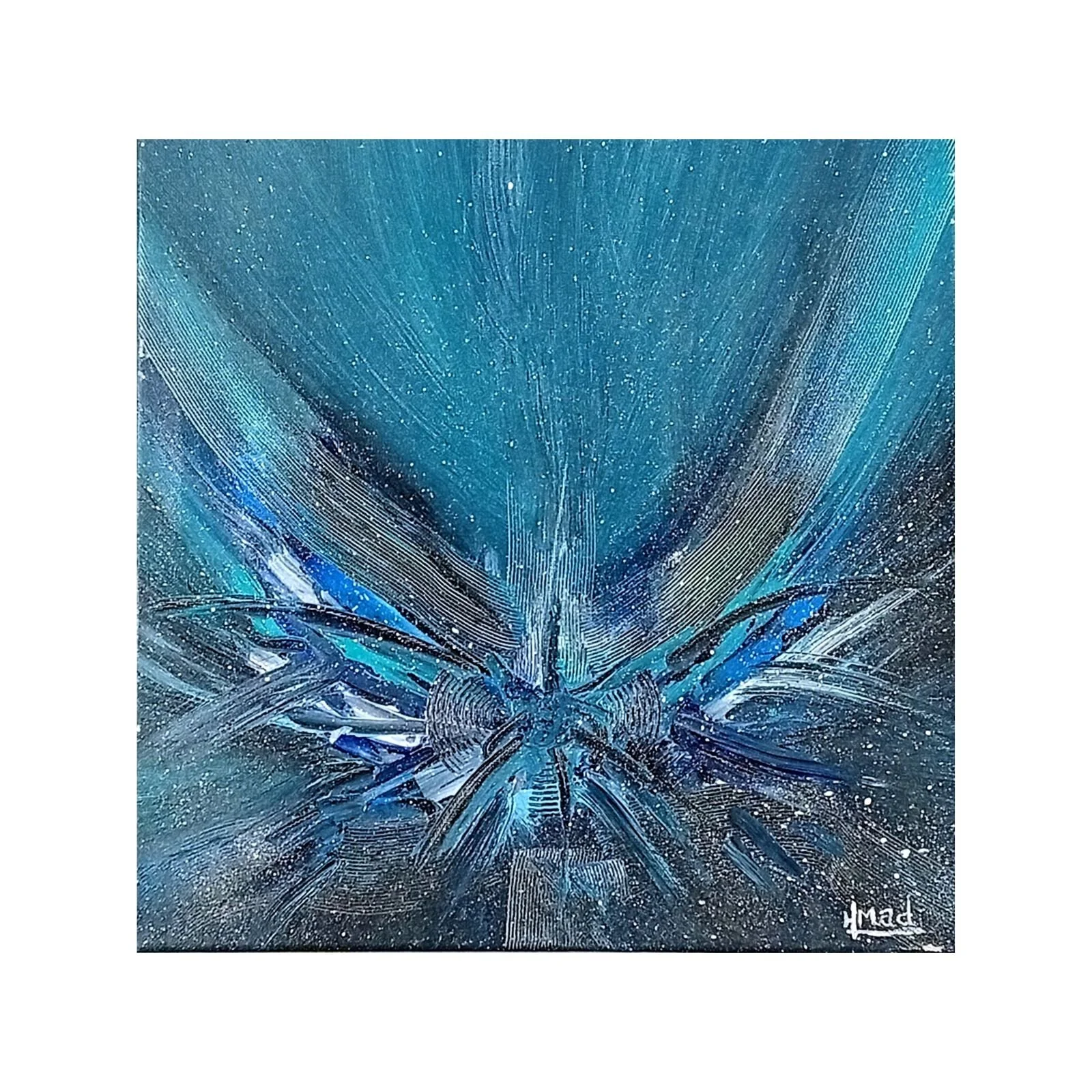 “Feeling Blue” mixed media painting with professional acrylic on premium cotton canvas, wooden frame, deep blue tones, 40×40×1 cm, January 2020, HMad Artworks.