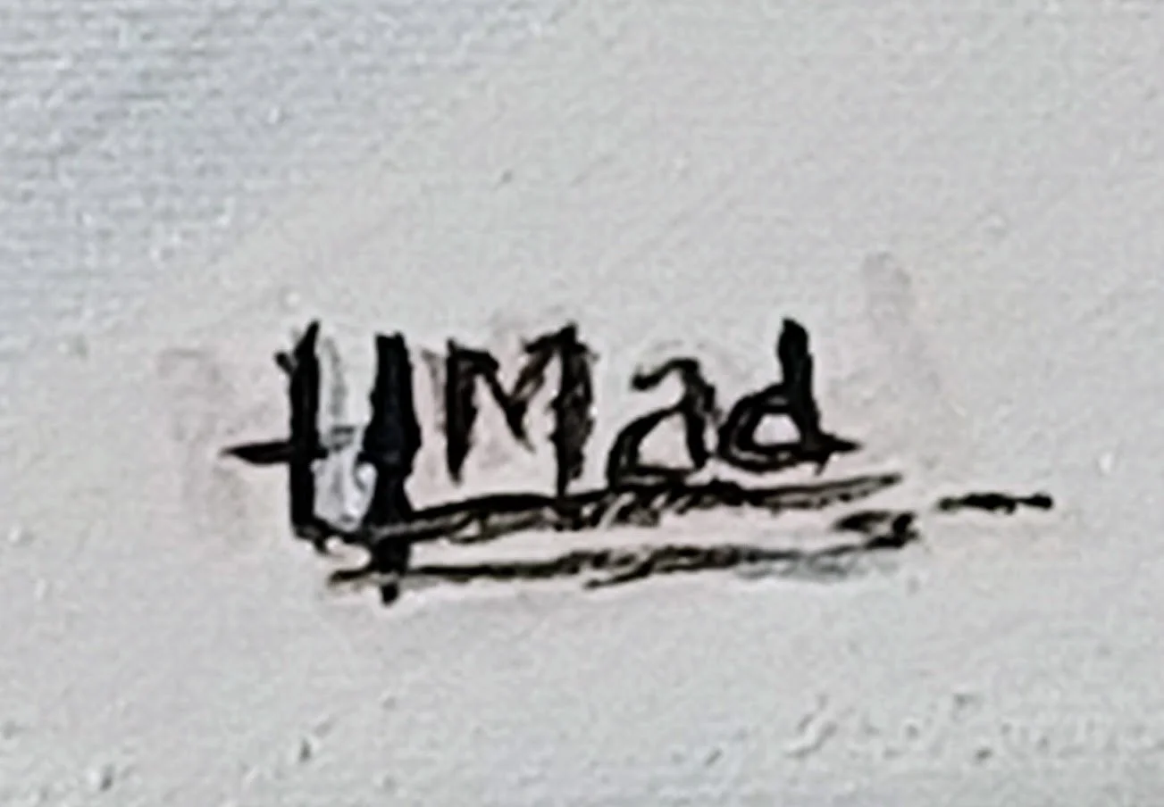 Assinatura de HMad na pintura “Changing Moods”, técnica mista sobre tela, canto inferior direito, 24×30×1 cm, abril de 2020, HMad Artworks.