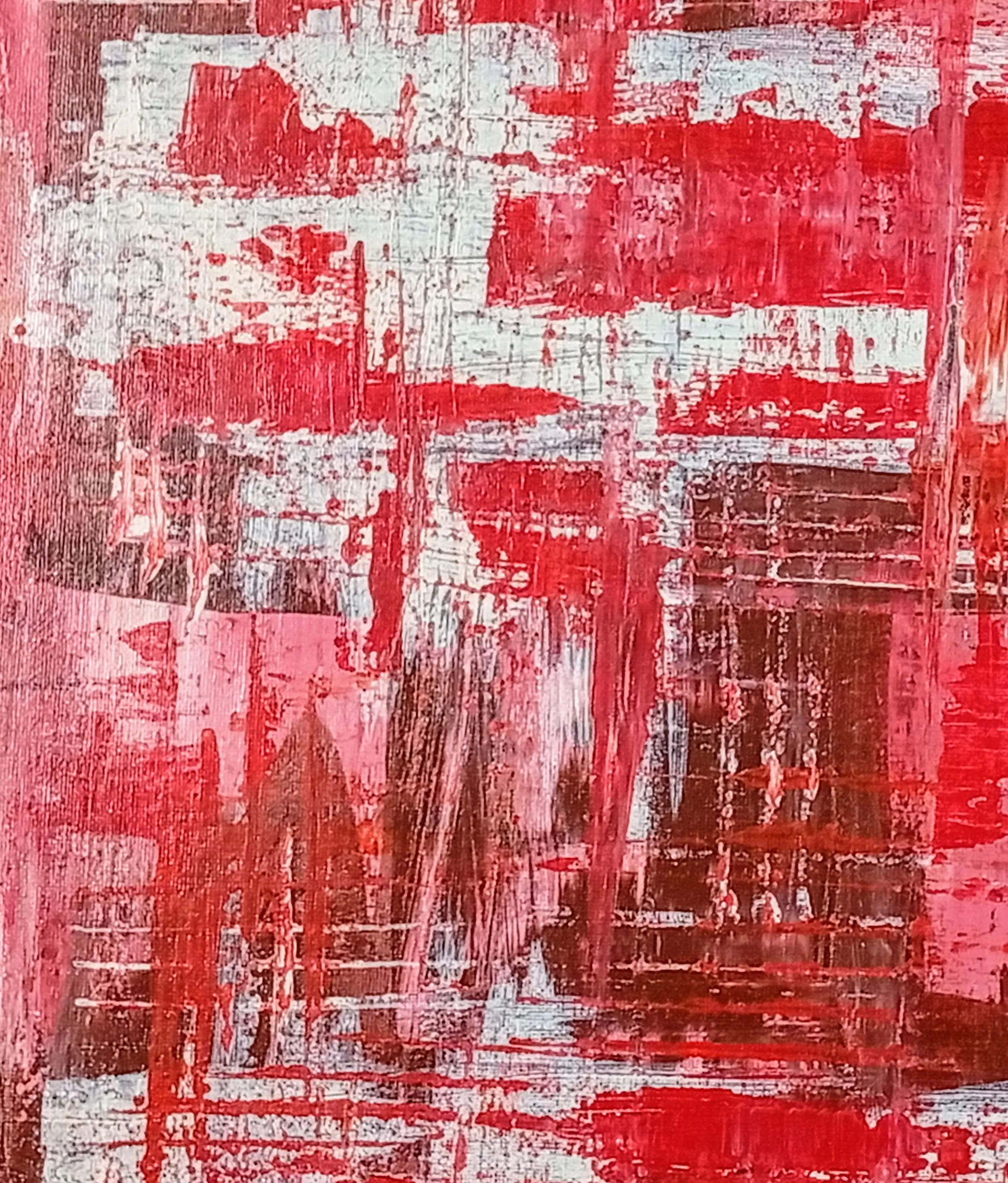 Close-up of the “Red Levels” painting, showing palette knife textures in red, white, and carmine tones, acrylic on canvas, June 2020.
