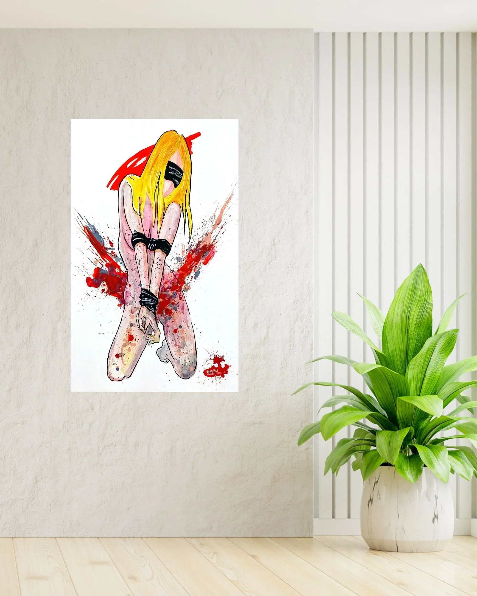“Slave Girl II” acrylic on canvas painting, mixed media, 80×50×4 cm, June 2023, displayed on a light wall with decorative plant.